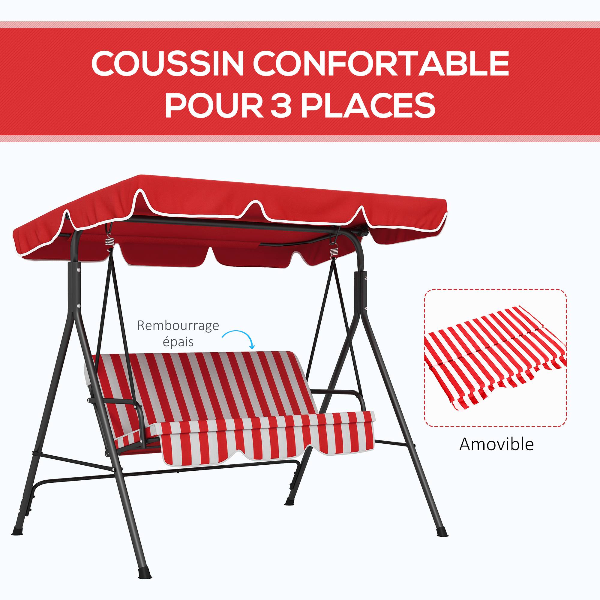 Outsunny - Balancelle de jardin 3 places toit inclinaison réglable coussins assise et dossier acier noir polyester rouge et blanc - Outsunny - Imagen 8