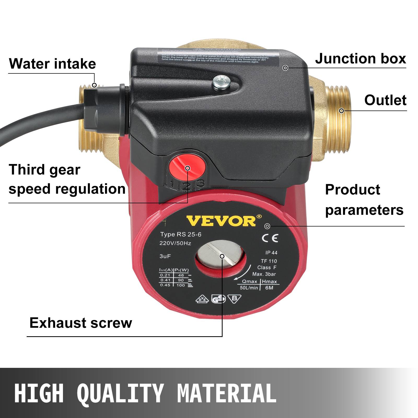 VEVOR Pompe de Surpression Silencieuse, Débit Max 50 L/min, Hauteur 6 m, Boîtier Fonte, Tête Laiton. - Image 2