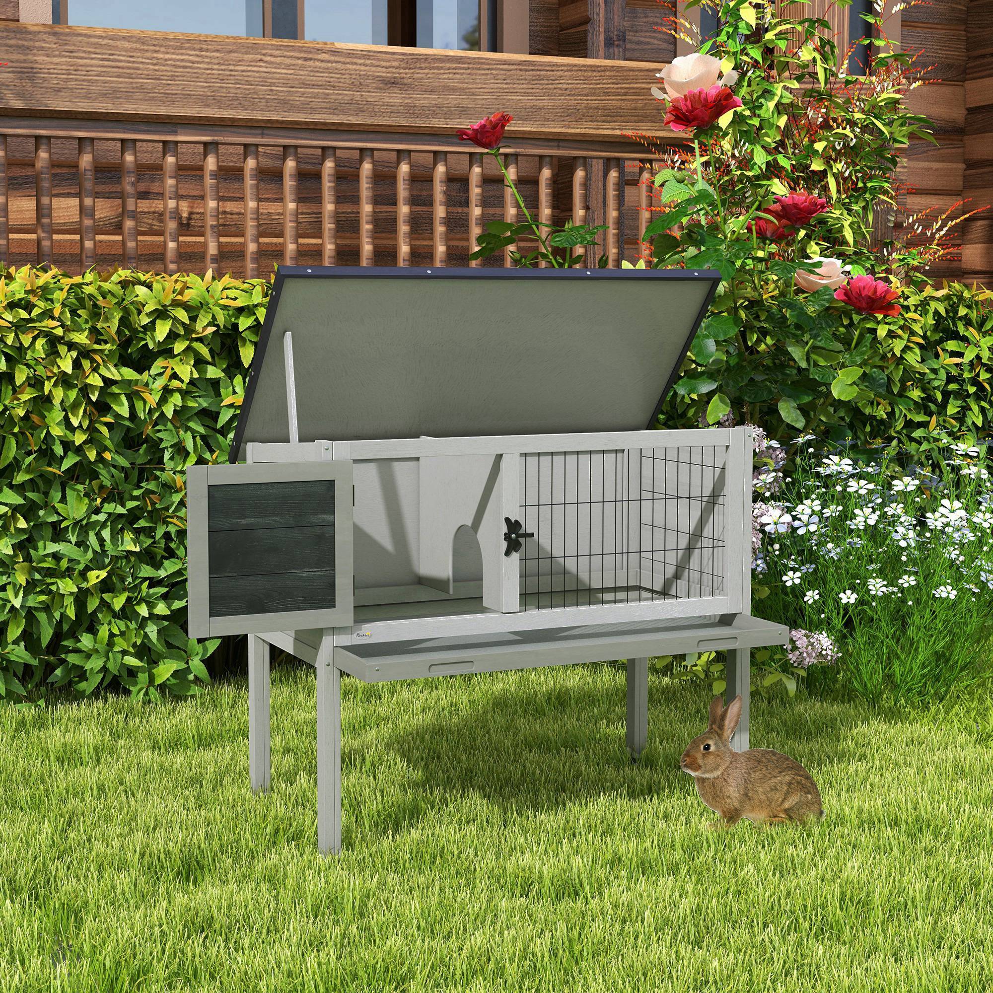 Sans Marque - Clapier extérieur surélevé bois toit ouvrant bac amovible 84x43x70 cm gris - Image 4