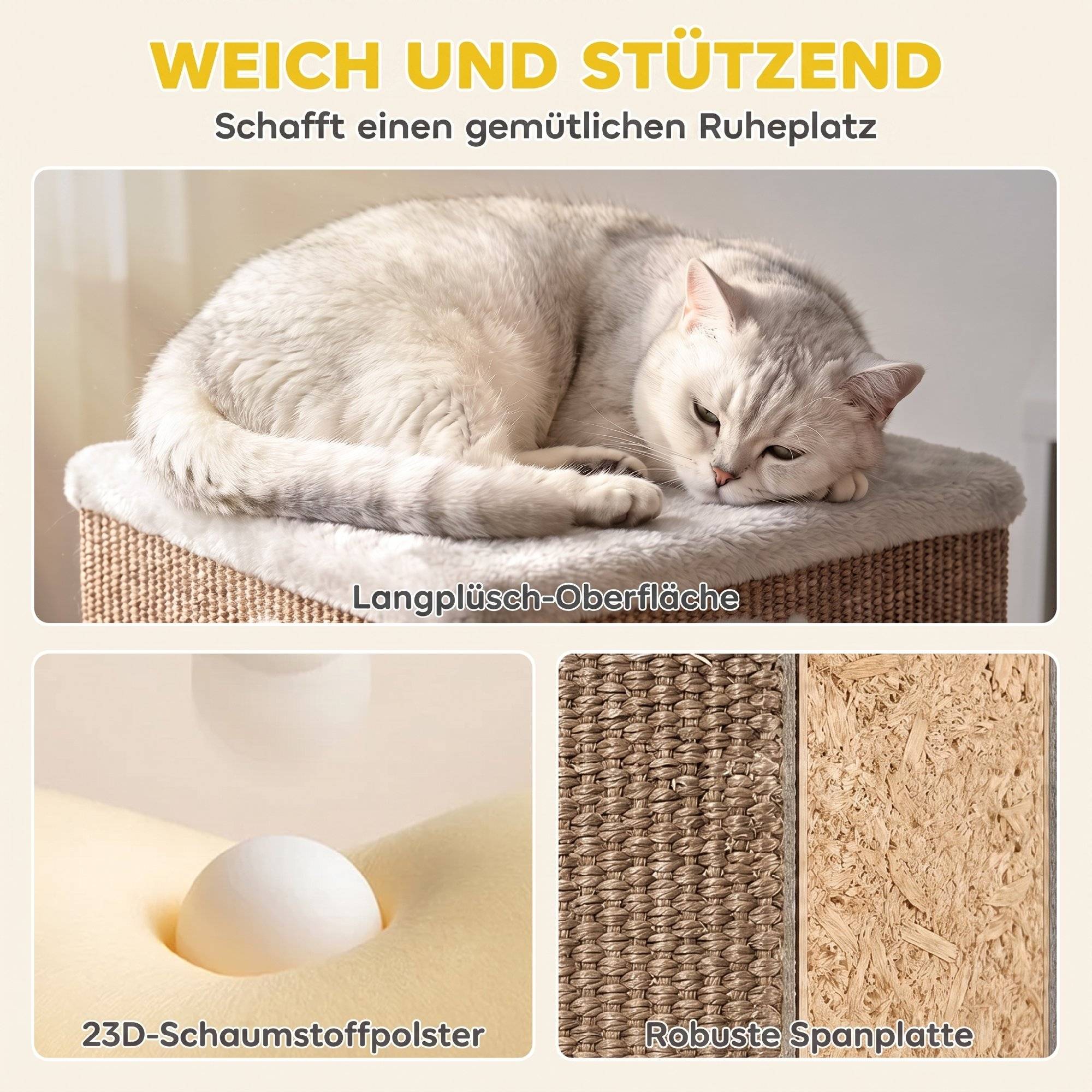ComfortXL - Griffoir tonneau pour chat aggloméré et peluche 40 x 40 x 67 cm gris 3 niveaux avec 2 niches en sisal - Image 6