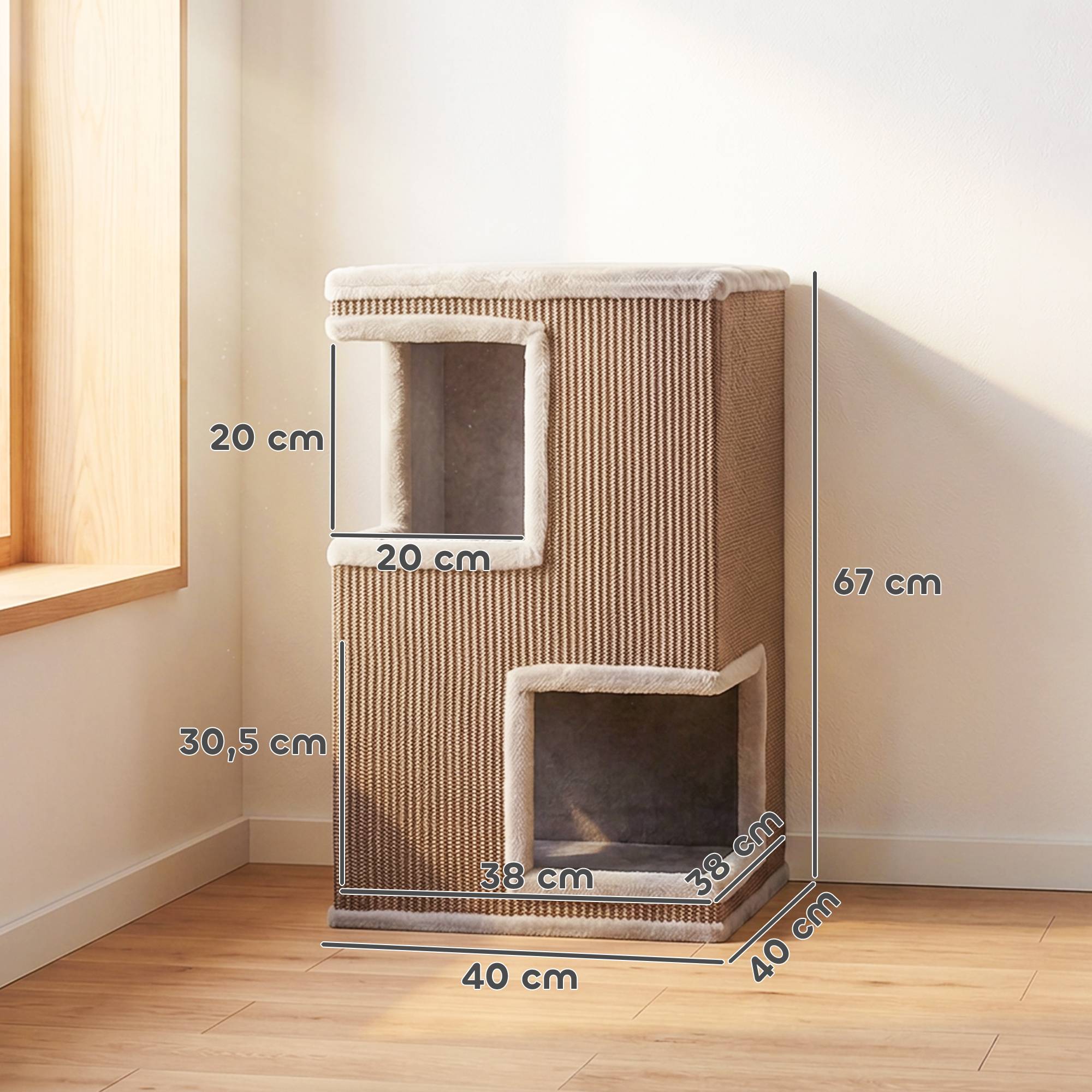 ComfortXL - Griffoir tonneau pour chat aggloméré et peluche 40 x 40 x 67 cm gris 3 niveaux avec 2 niches en sisal - Image 3