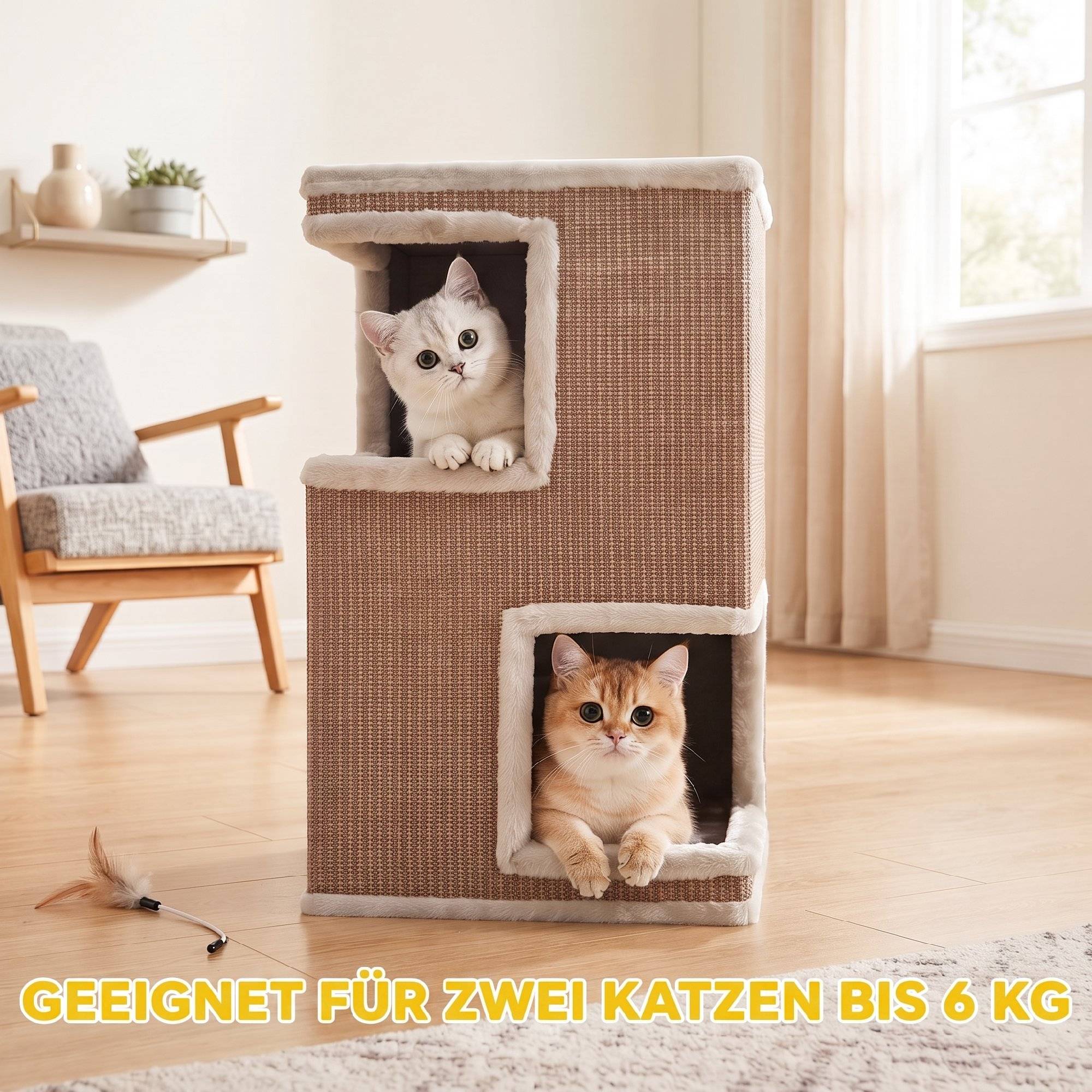 ComfortXL - Griffoir tonneau pour chat aggloméré et peluche 40 x 40 x 67 cm gris 3 niveaux avec 2 niches en sisal - Image 7