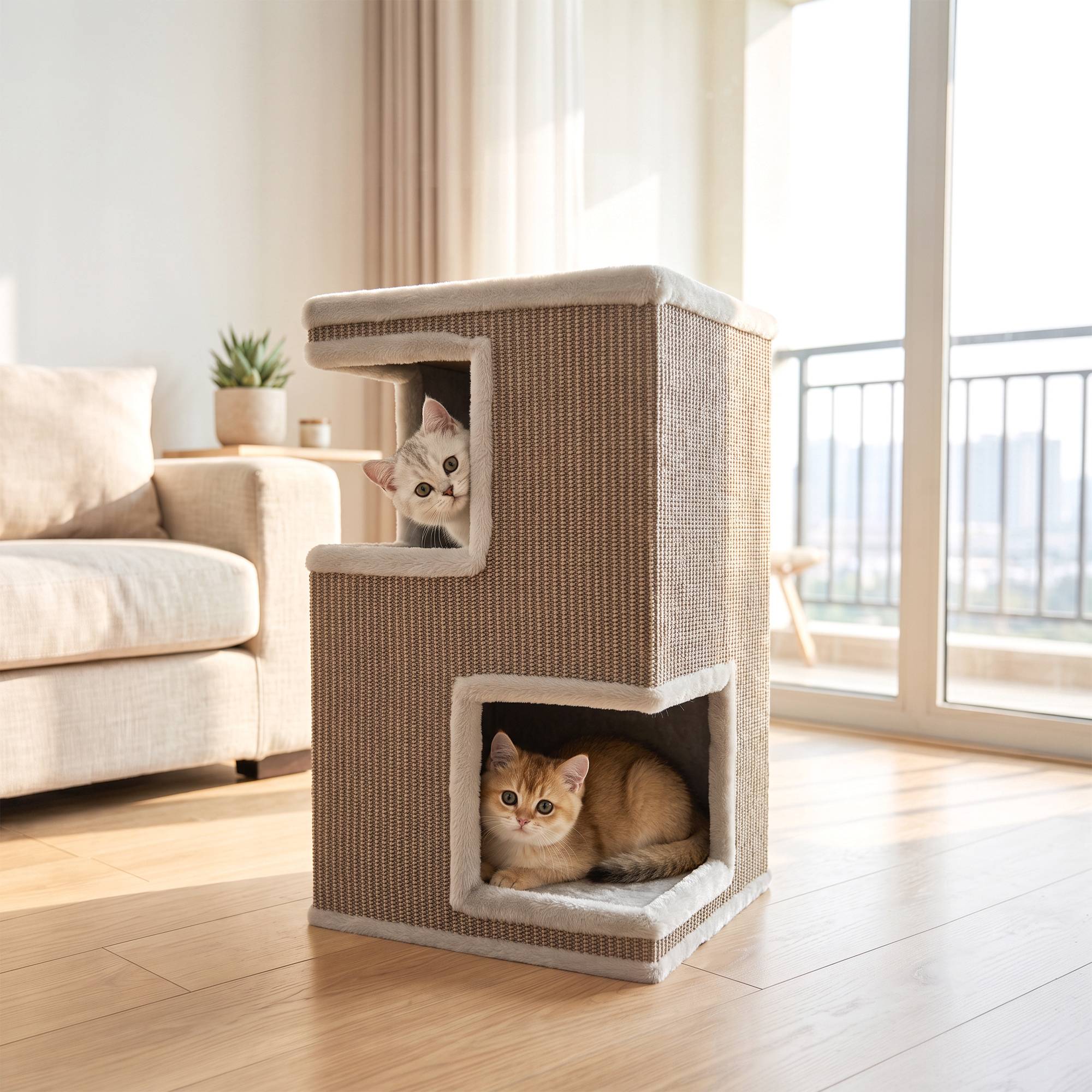 ComfortXL - Griffoir tonneau pour chat aggloméré et peluche 40 x 40 x 67 cm gris 3 niveaux avec 2 niches en sisal - Image 1