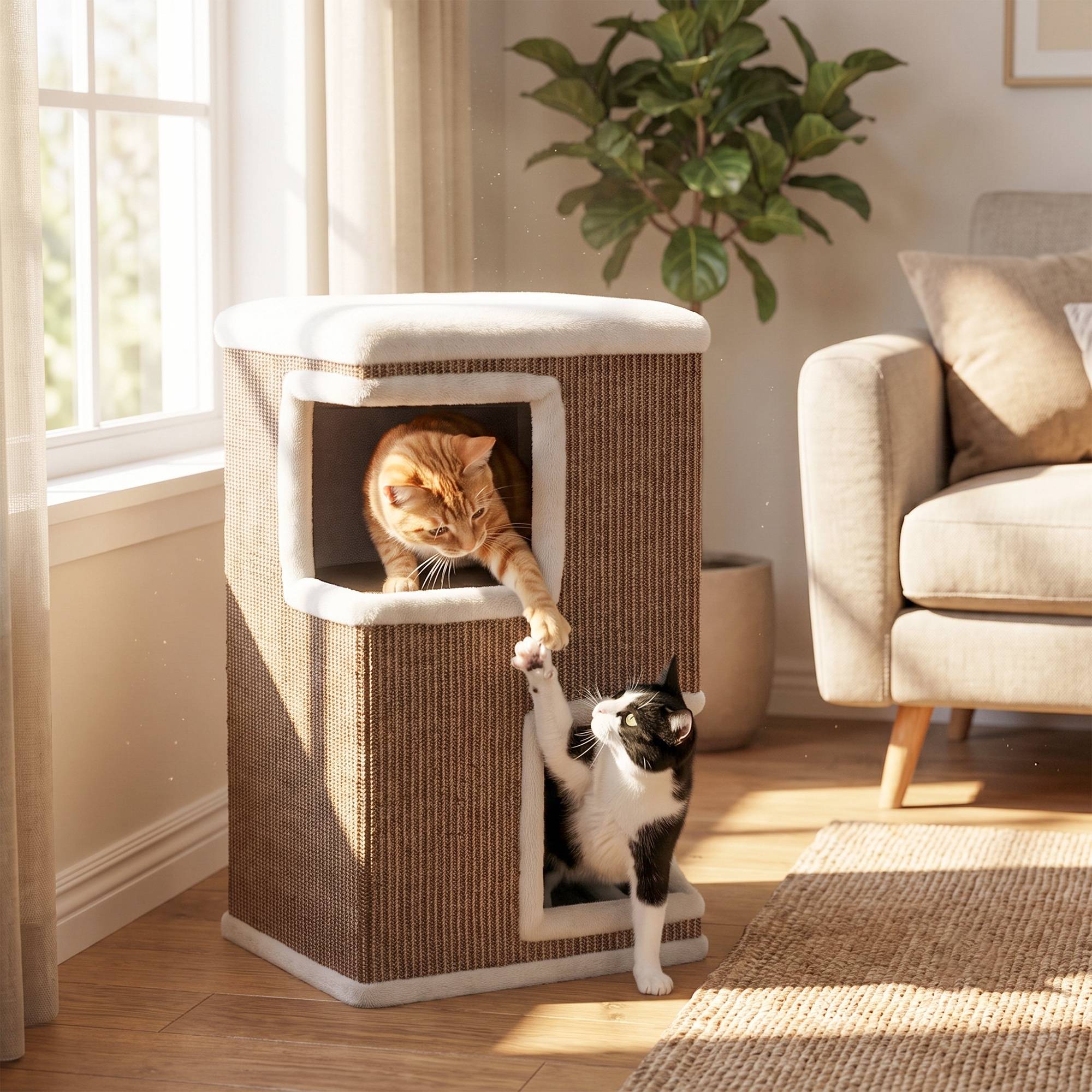 ComfortXL - Griffoir tonneau pour chat aggloméré et peluche 40 x 40 x 67 cm gris 3 niveaux avec 2 niches en sisal - Image 8