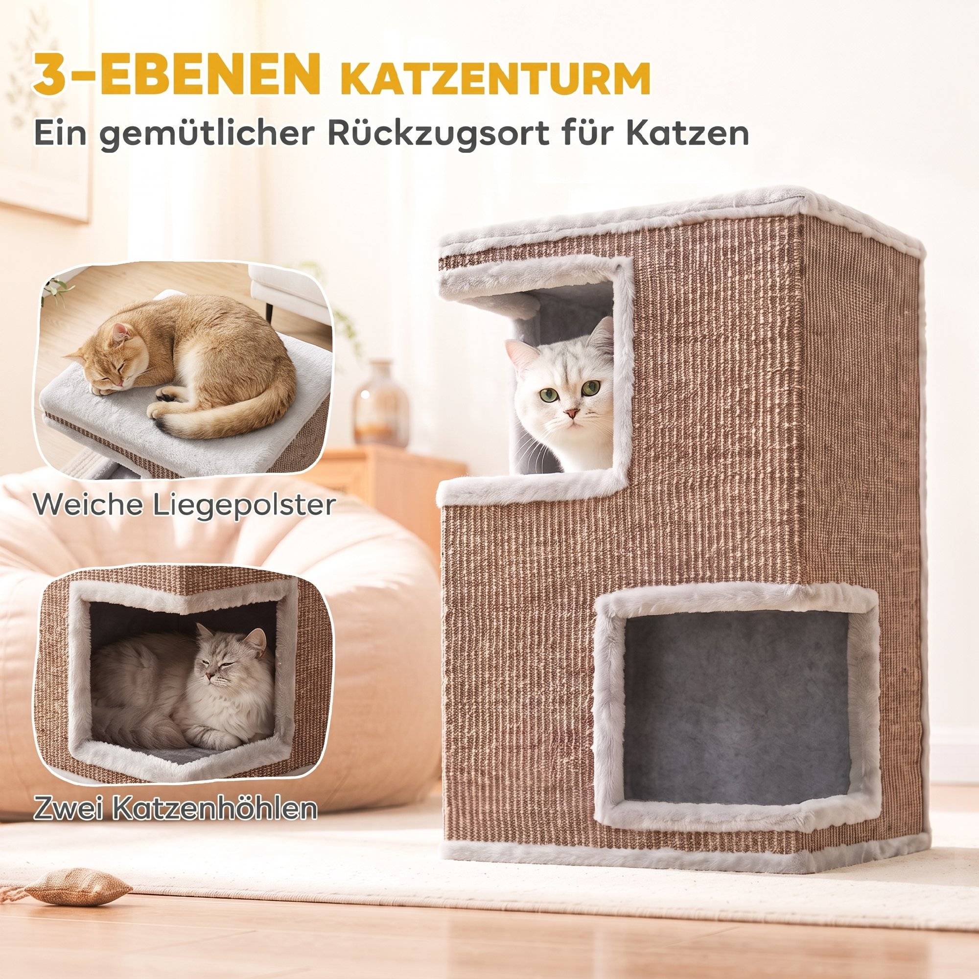 ComfortXL - Griffoir tonneau pour chat aggloméré et peluche 40 x 40 x 67 cm gris 3 niveaux avec 2 niches en sisal - Image 4