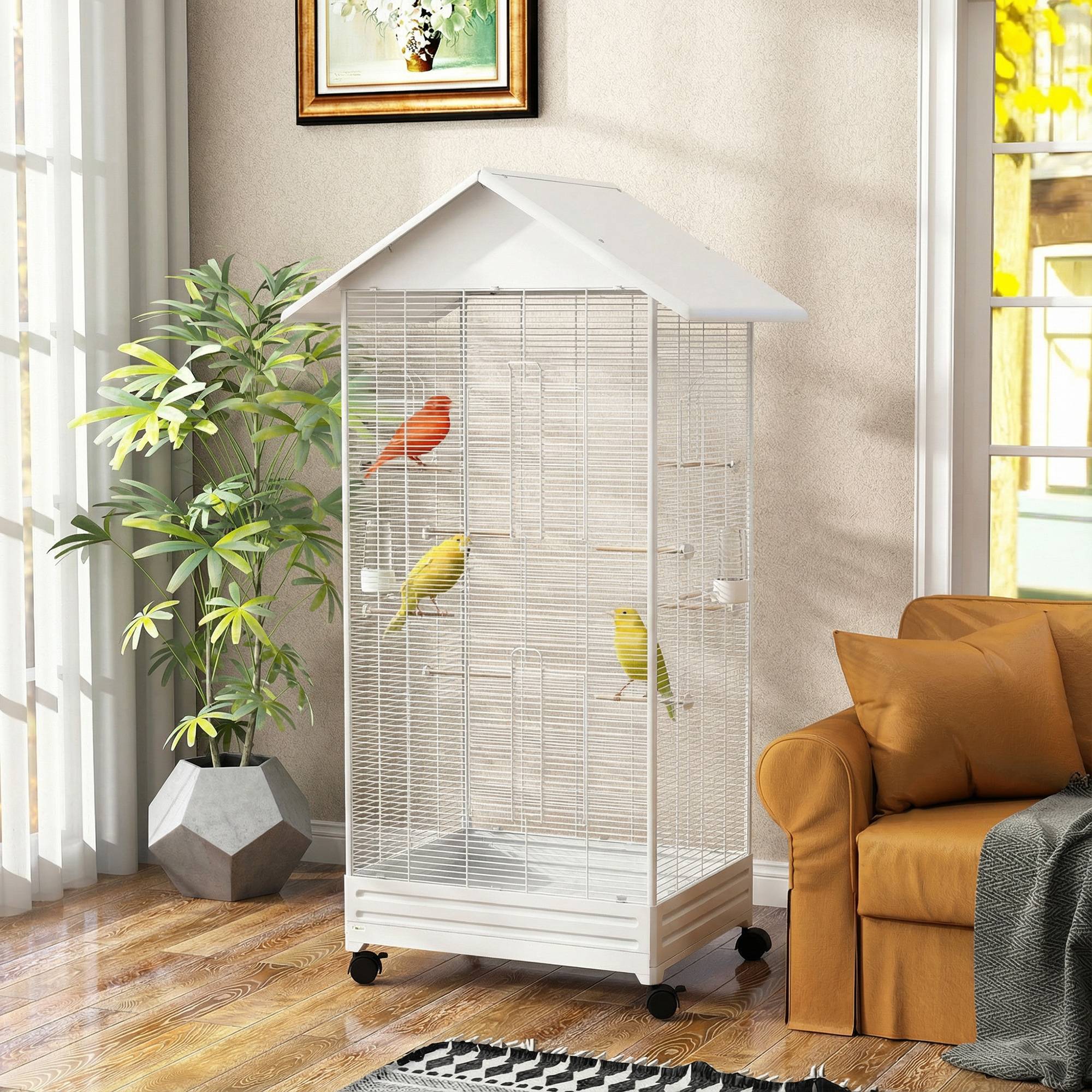 Cage oiseau sur pied volière oiseaux intérieure sur roulettes 2 mangeoires 8 perchoirs 79 x 65 x 155 cm fil d'acier blanc - Image 4