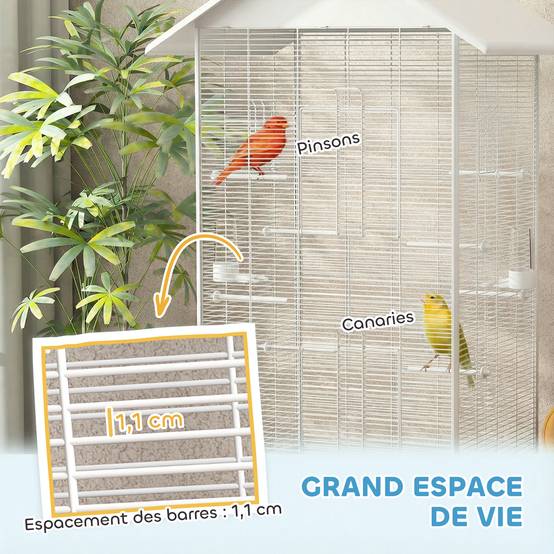 Cage oiseau sur pied volière oiseaux intérieure sur roulettes 2 mangeoires 8 perchoirs 79 x 65 x 155 cm fil d'acier blanc - Image 6