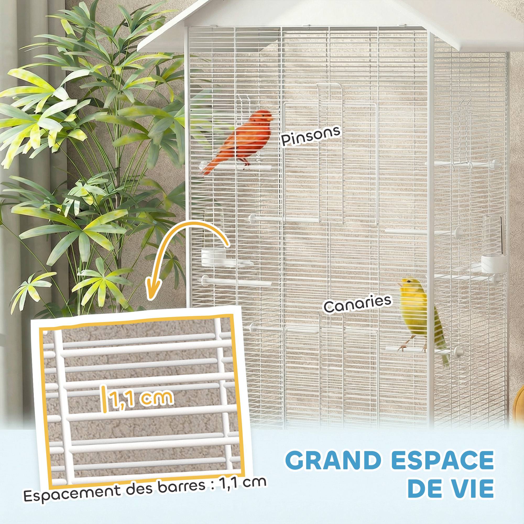 Cage oiseau sur pied volière oiseaux intérieure sur roulettes 2 mangeoires 8 perchoirs 79 x 65 x 155 cm fil d'acier blanc - Image 6