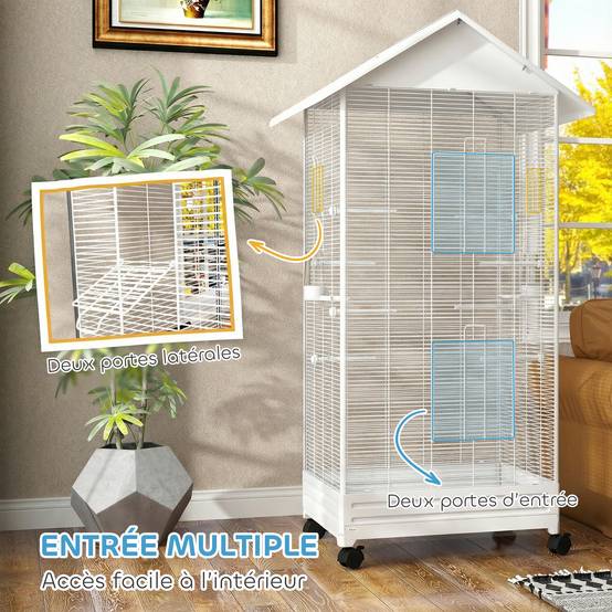 Cage oiseau sur pied volière oiseaux intérieure sur roulettes 2 mangeoires 8 perchoirs 79 x 65 x 155 cm fil d'acier blanc - Image 8