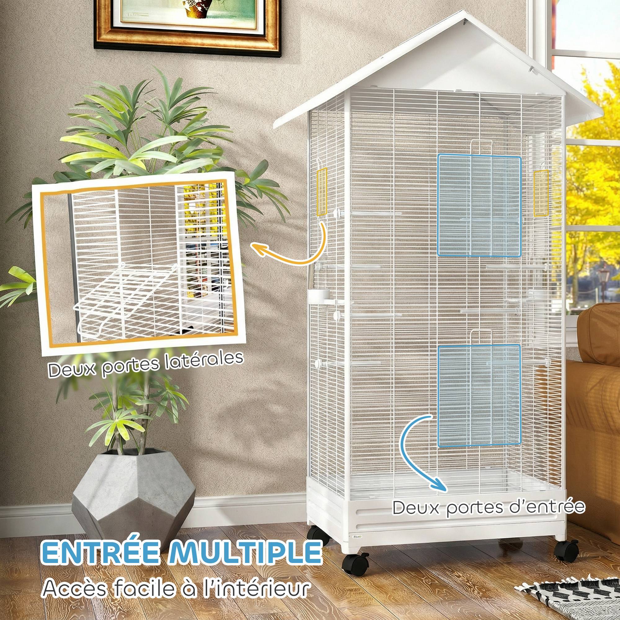 Cage oiseau sur pied volière oiseaux intérieure sur roulettes 2 mangeoires 8 perchoirs 79 x 65 x 155 cm fil d'acier blanc - Image 8