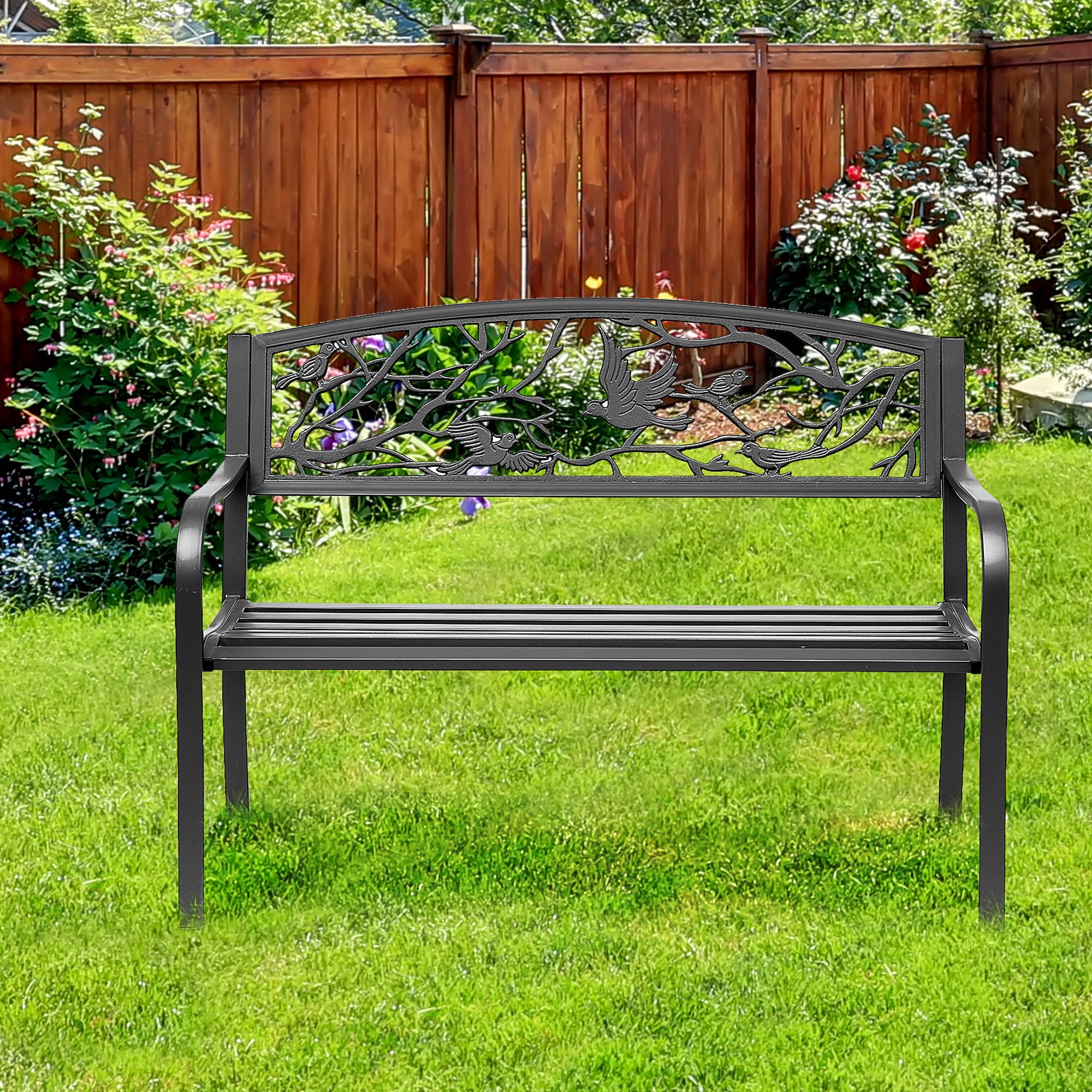 Outsunny - Banc 3 places de jardin terrasse style rural chic 127L x 60l x 85H cm métal époxy anticorrosion noir - Outsunny - Imagen 2