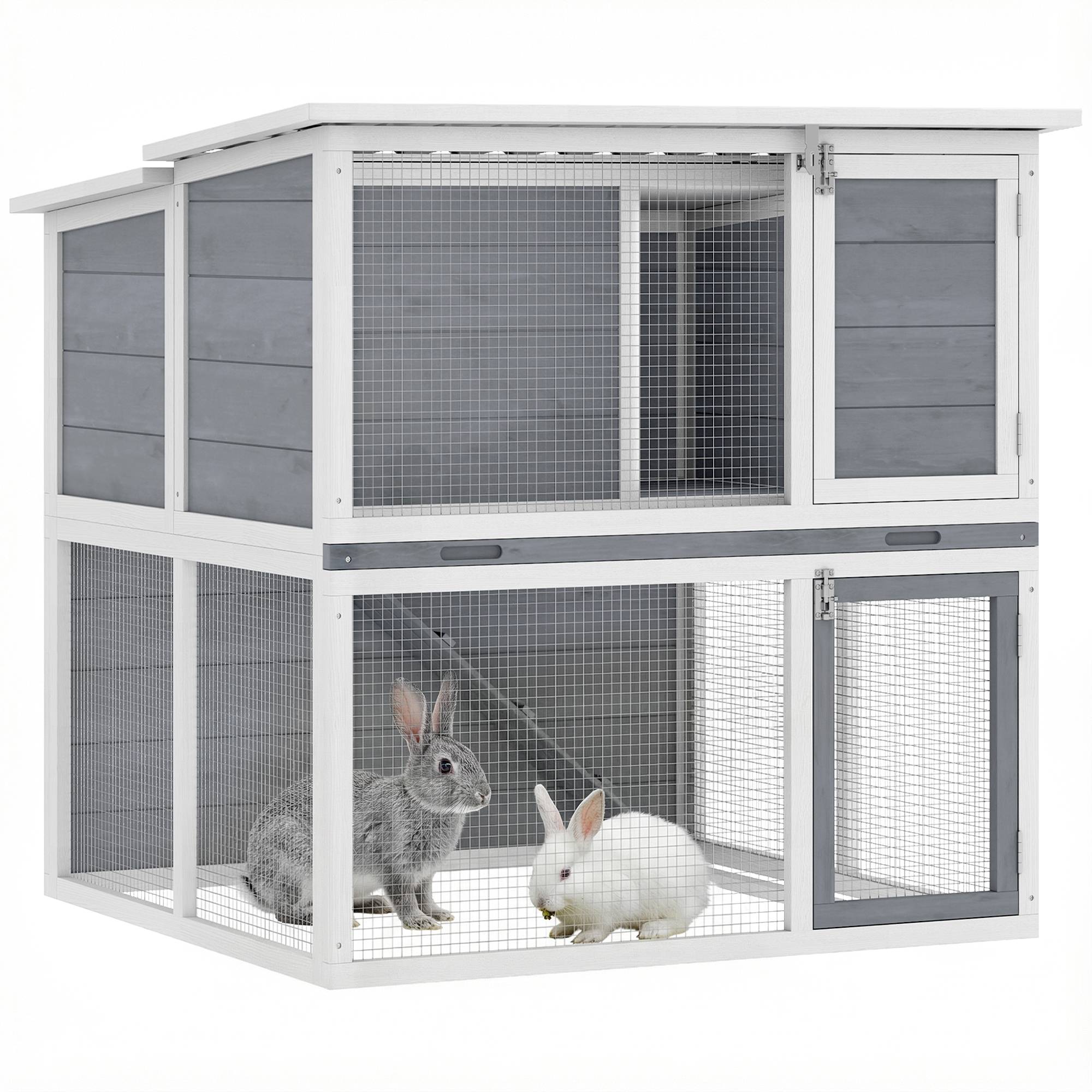 Clapier lapin extérieur cage à lapin 2 étages spacieux toit double ouverture plateau amovible 98x95x102,5cm gris - Image 1