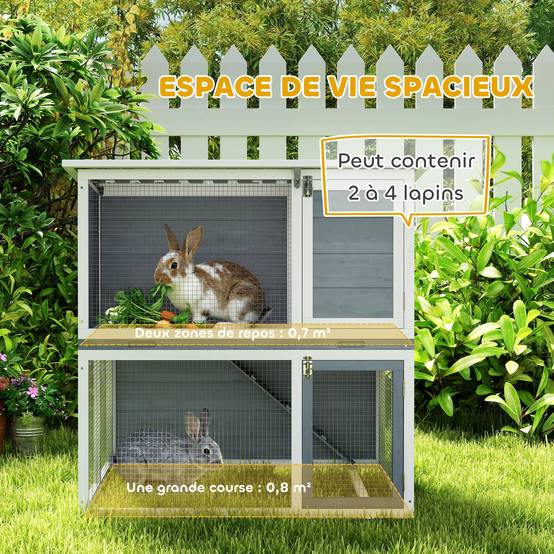 Clapier lapin extérieur cage à lapin 2 étages spacieux toit double ouverture plateau amovible 98x95x102,5cm gris - Image 6