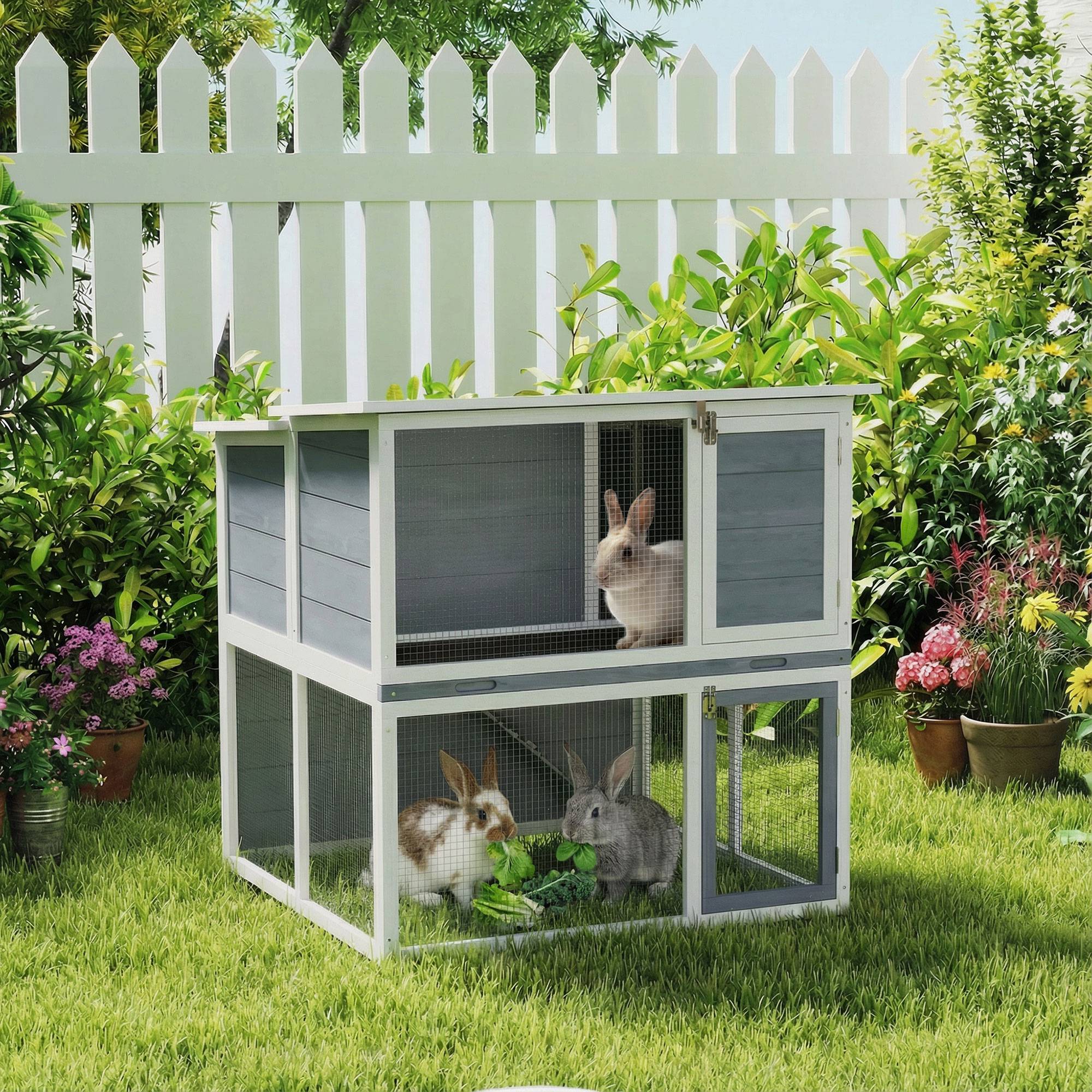 Clapier lapin extérieur cage à lapin 2 étages spacieux toit double ouverture plateau amovible 98x95x102,5cm gris - Image 4