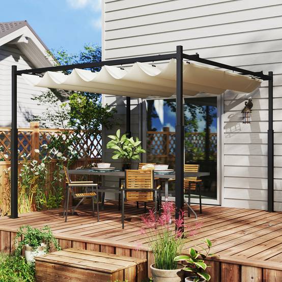Pergola métal polyester jardin toit coulissant aimanté anti-UV 298x298cm beige - ComfortXL Outdoor Living - Image 3