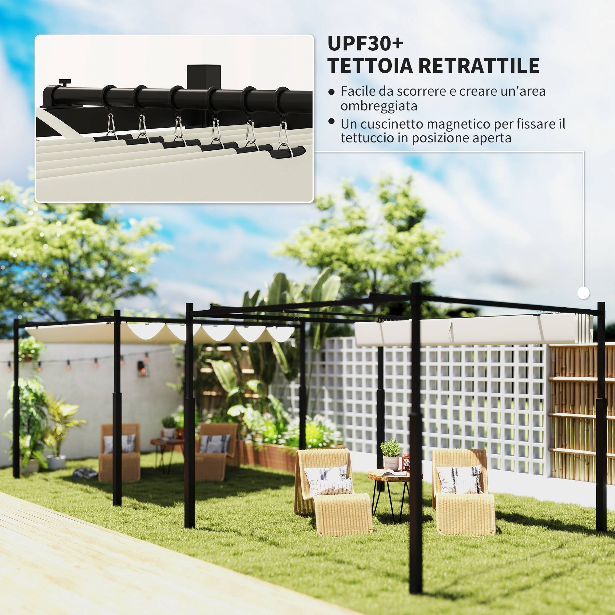 Pergola métal polyester jardin toit coulissant aimanté anti-UV 298x298cm beige - ComfortXL Outdoor Living - Image 6
