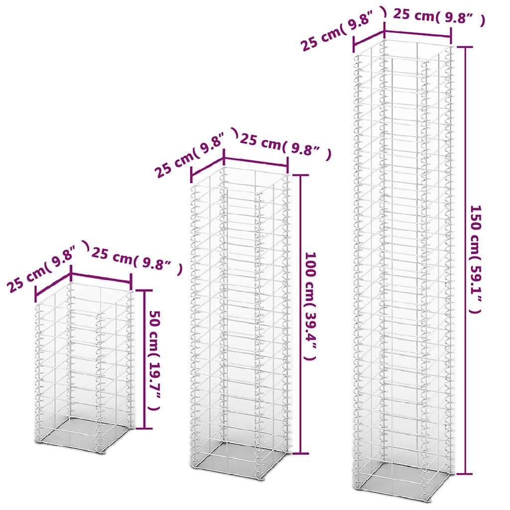 Jeu de gabion 3 pcs Fil galvanisé 25 x 25 x 50 cm, 25 x 25 x 100 cm, 25 x 25 x 150 cm - PANGIVO - Image 4