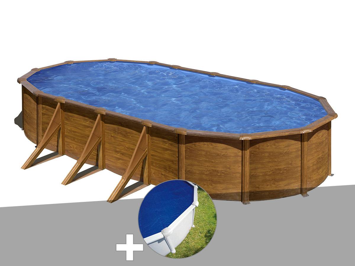 Gré - Kit piscine acier aspect bois Gré Pacific ovale 7,44 x 3,99 x 1,22 m + Bâche à bulles