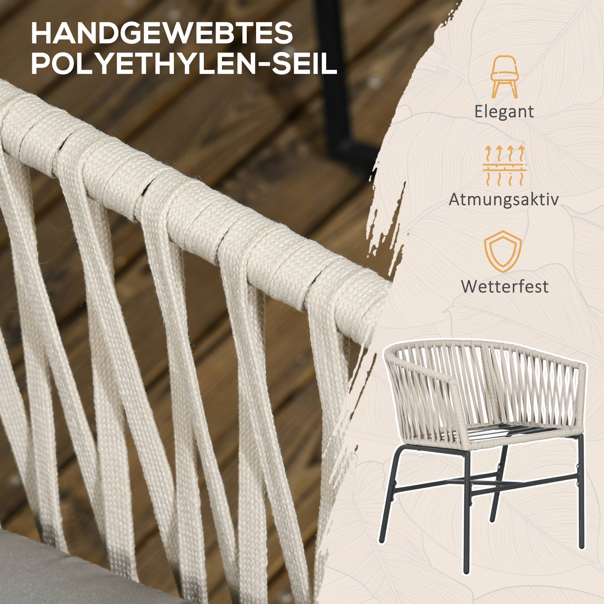 Ensemble de 2 chaises de terrasse, style bohème, coque d'assise confortable, coussins d'assise, housse lavable, structure en métal, beige - Image 8
