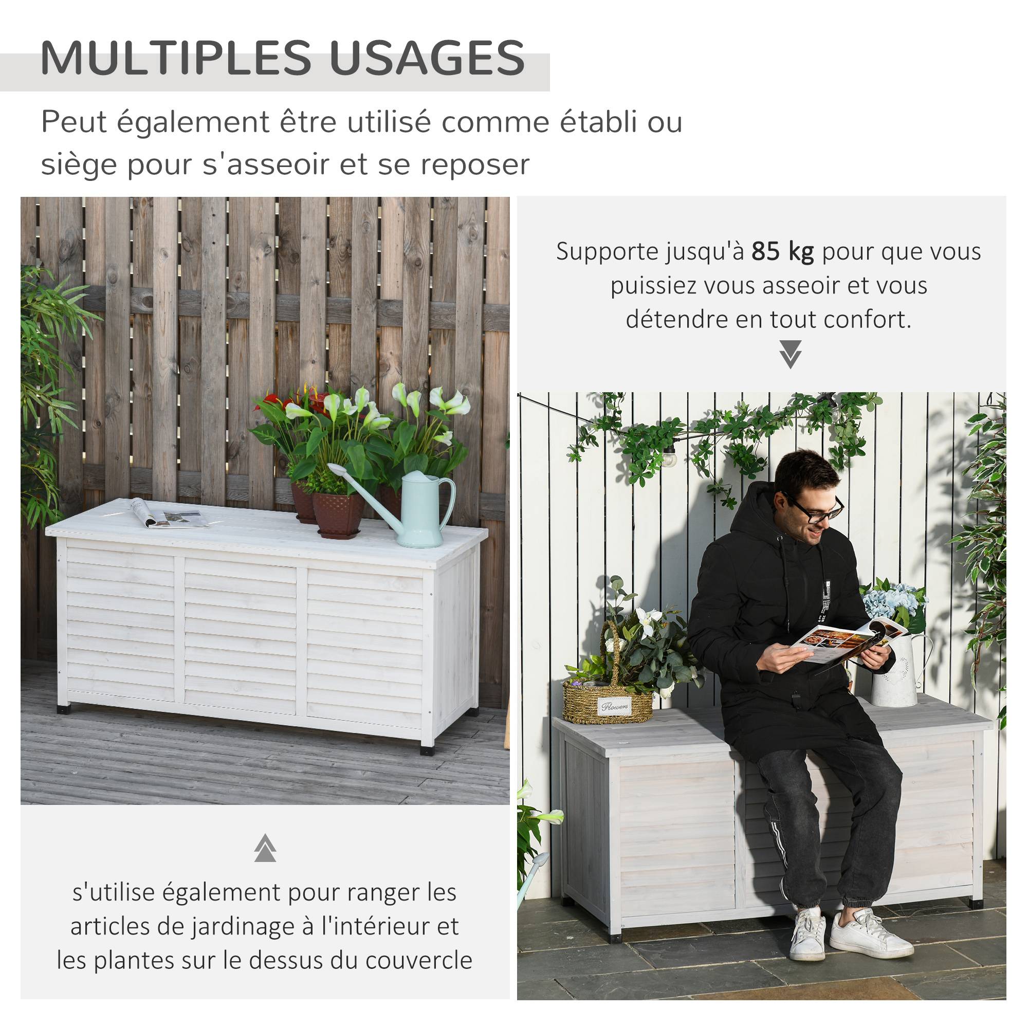 Coffre de rangement extérieur malle de rangement en bois 283L 2 chaînes 127 x 56 x 60 cm blanc - Image 7