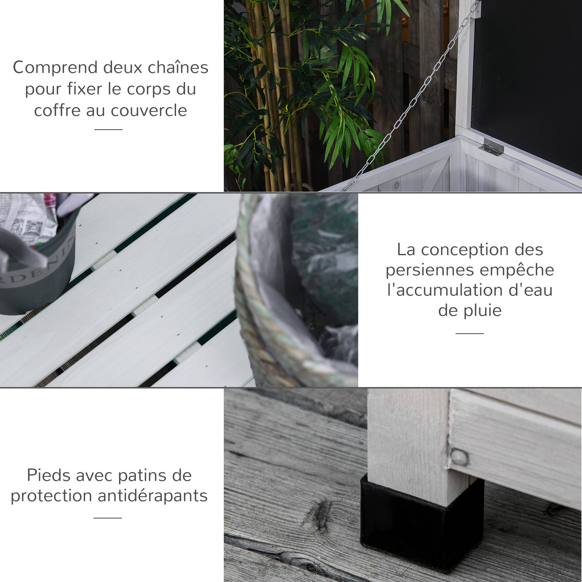 Coffre de rangement extérieur malle de rangement en bois 283L 2 chaînes 127 x 56 x 60 cm blanc - Image 8