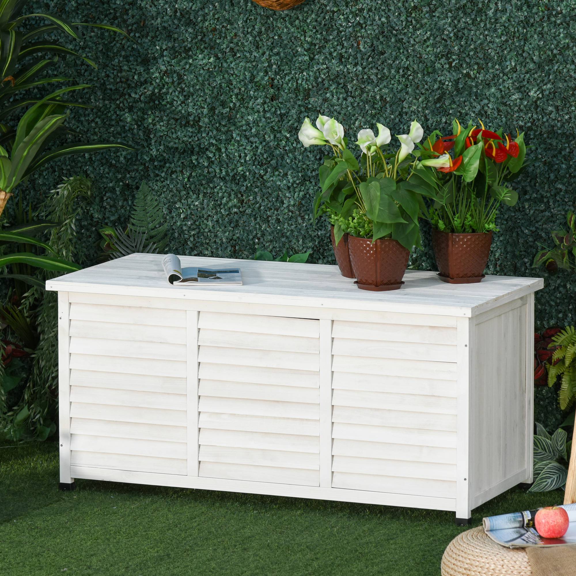Coffre de rangement extérieur malle de rangement en bois 283L 2 chaînes 127 x 56 x 60 cm blanc - Image 3
