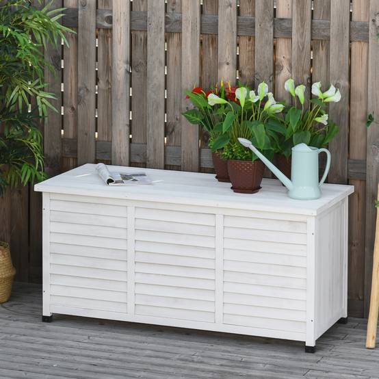 Coffre de rangement extérieur malle de rangement en bois 283L 2 chaînes 127 x 56 x 60 cm blanc - Image 4