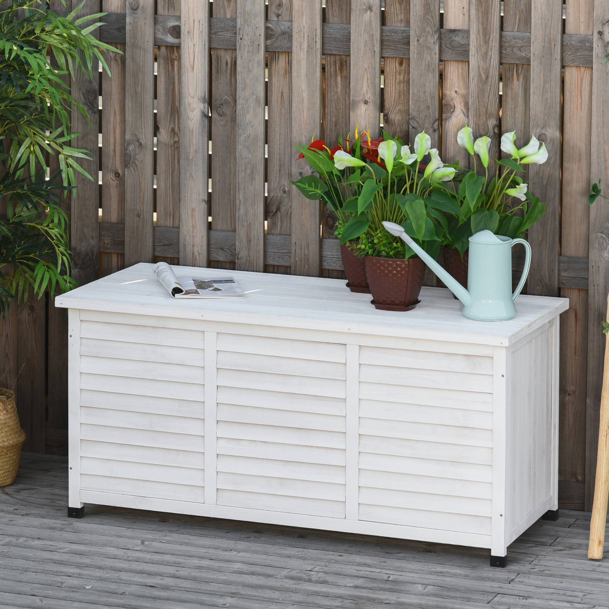 Coffre de rangement extérieur malle de rangement en bois 283L 2 chaînes 127 x 56 x 60 cm blanc - Image 4