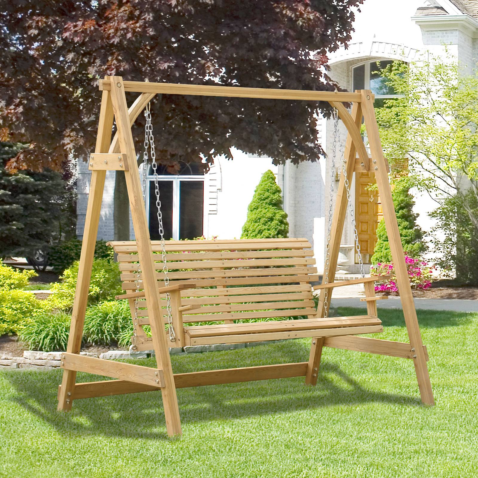 Outsunny - Balancelle de jardin 2 places dim. 1,8L x 1,2l x 1,85H m accoudoirs supports verres bois de mélèze pré-huilé - Outsunny - Imagen 2