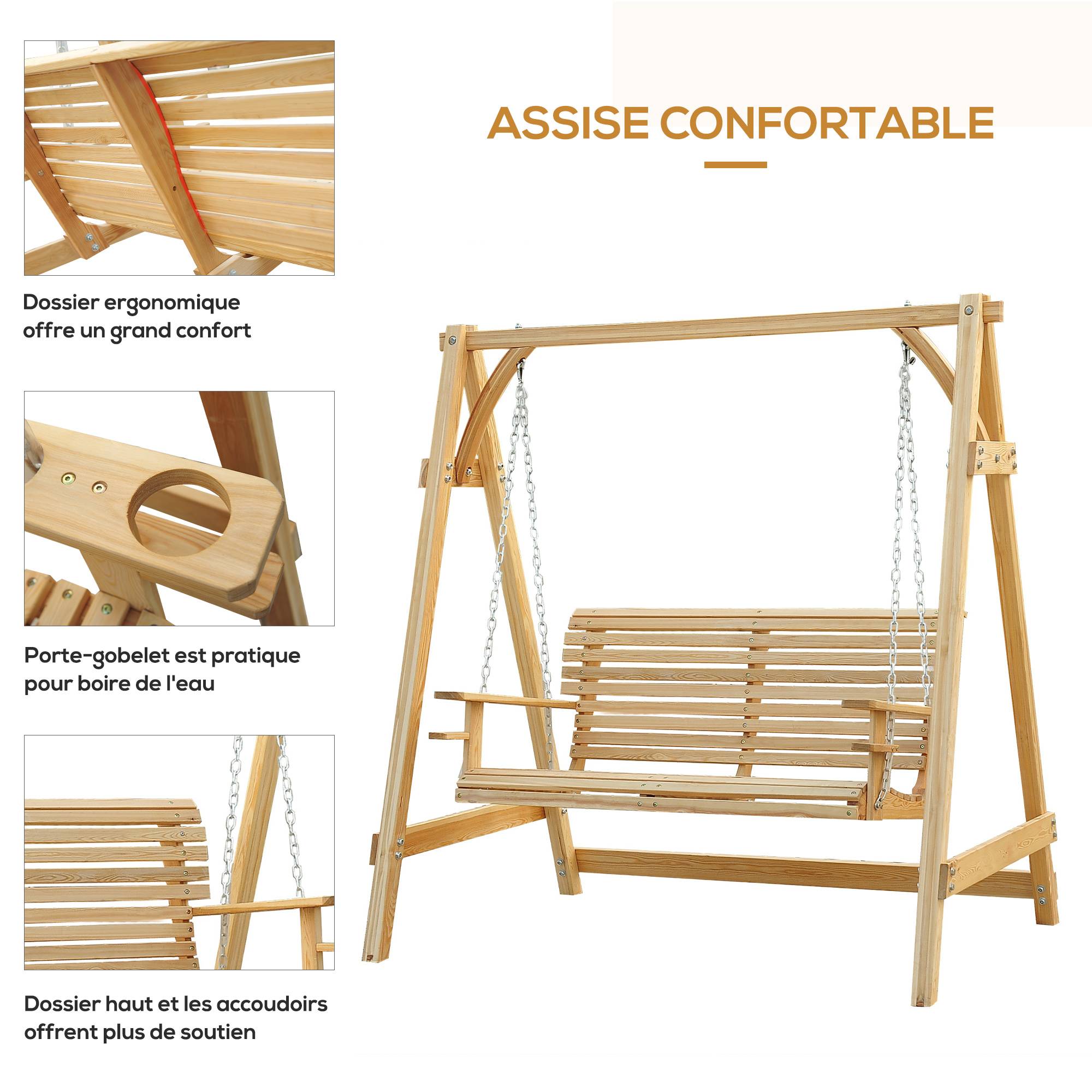 Outsunny - Balancelle de jardin 2 places dim. 1,8L x 1,2l x 1,85H m accoudoirs supports verres bois de mélèze pré-huilé - Outsunny - Imagen 5