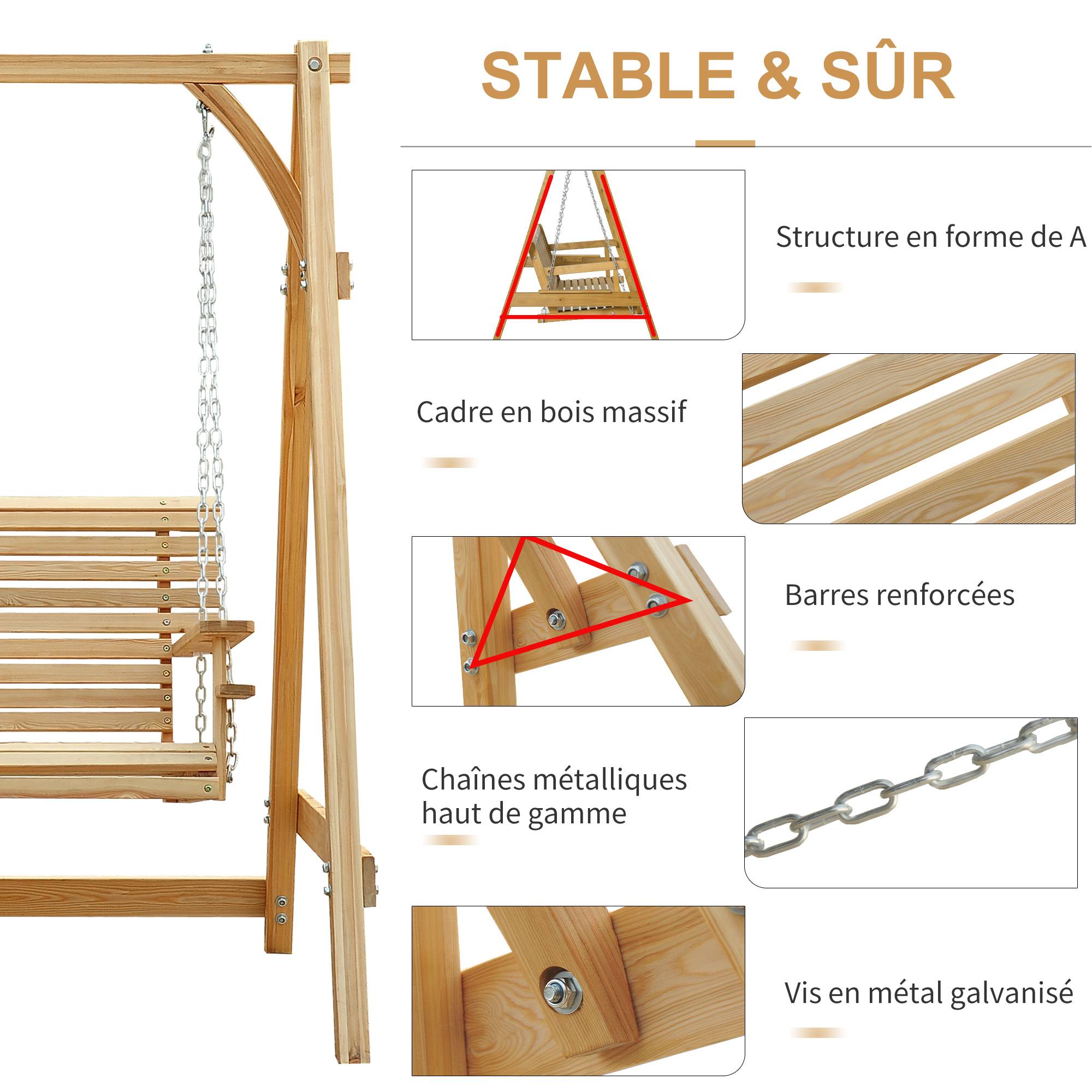 Outsunny - Balancelle de jardin 2 places dim. 1,8L x 1,2l x 1,85H m accoudoirs supports verres bois de mélèze pré-huilé - Outsunny - Imagen 6