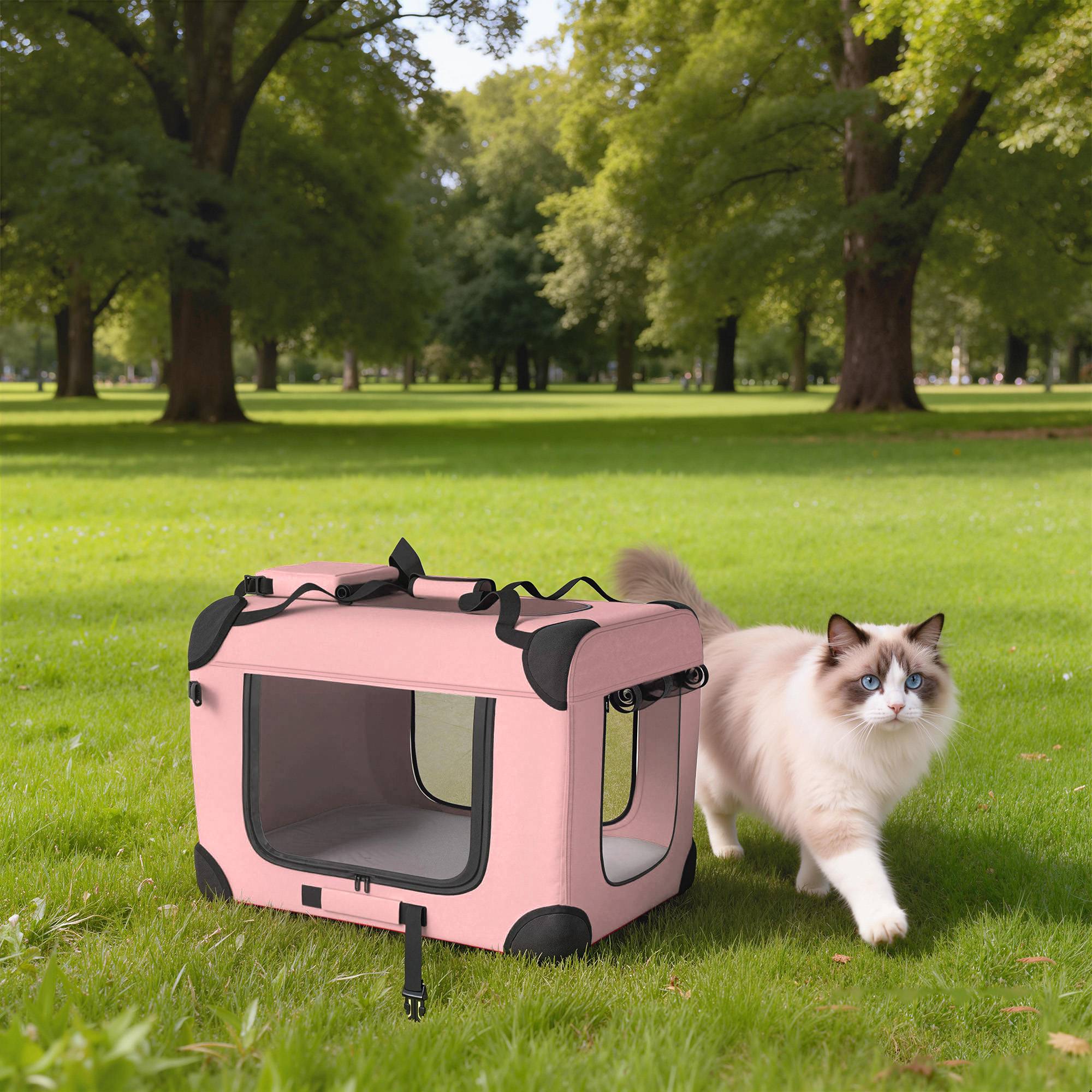 Sac de transport pliable pour chiens et chats (60 x 41,5 x 41 cm) avec fenêtres en filet, coussin moelleux et 2 poignées, rose. - Image 10