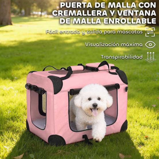 Sac de transport pliable pour chiens et chats (60 x 41,5 x 41 cm) avec fenêtres en filet, coussin moelleux et 2 poignées, rose. - Image 8