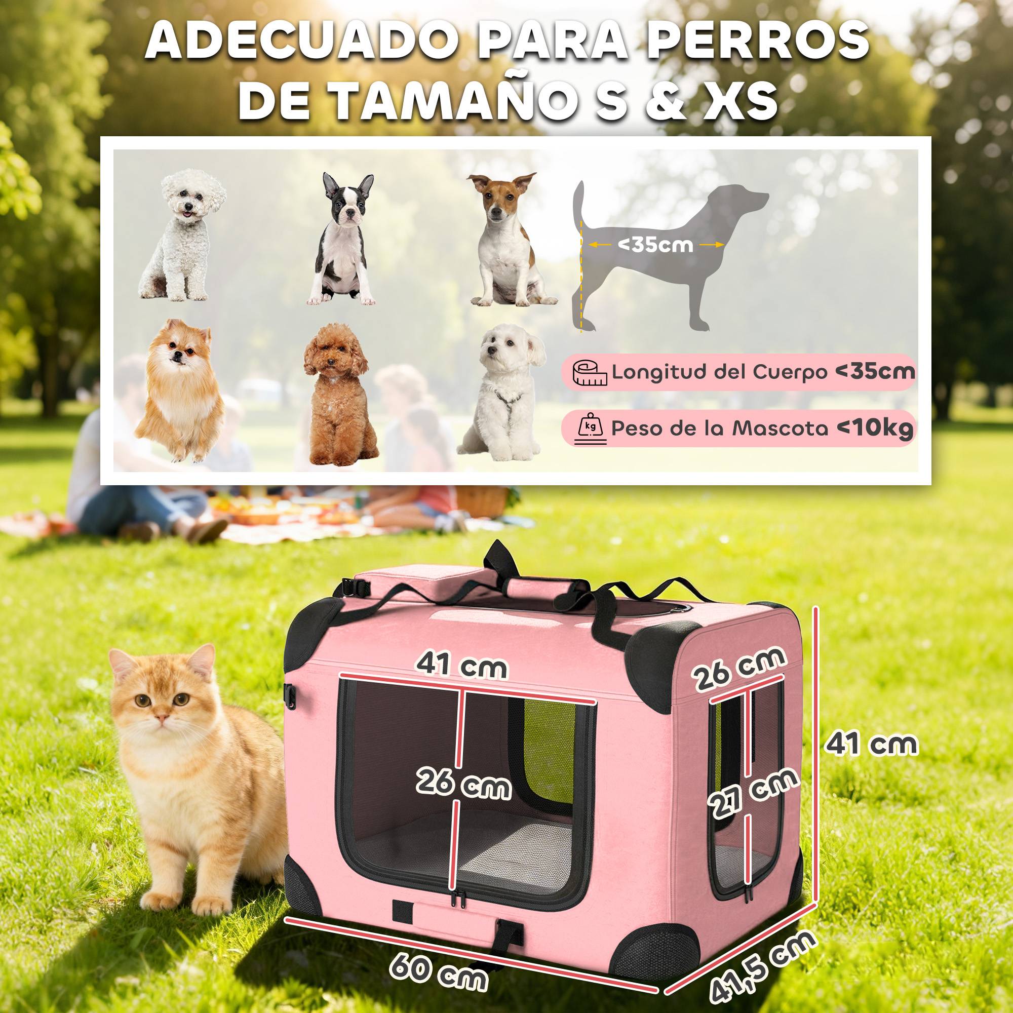Sac de transport pliable pour chiens et chats (60 x 41,5 x 41 cm) avec fenêtres en filet, coussin moelleux et 2 poignées, rose. - Image 5