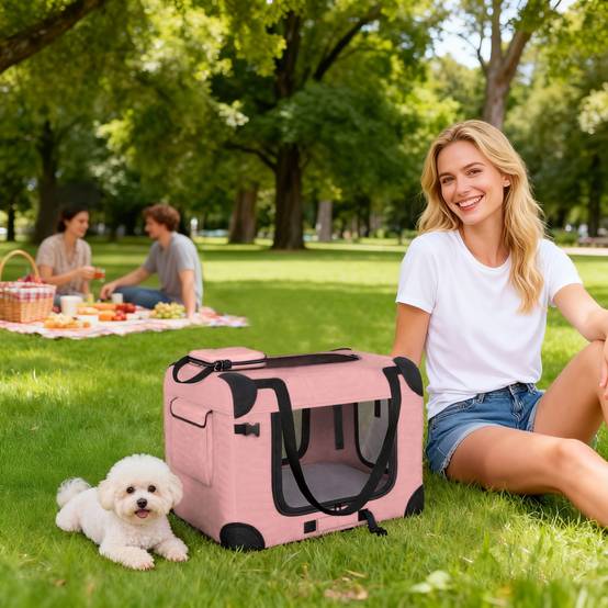 Sac de transport pliable pour chiens et chats (60 x 41,5 x 41 cm) avec fenêtres en filet, coussin moelleux et 2 poignées, rose. - Image 3