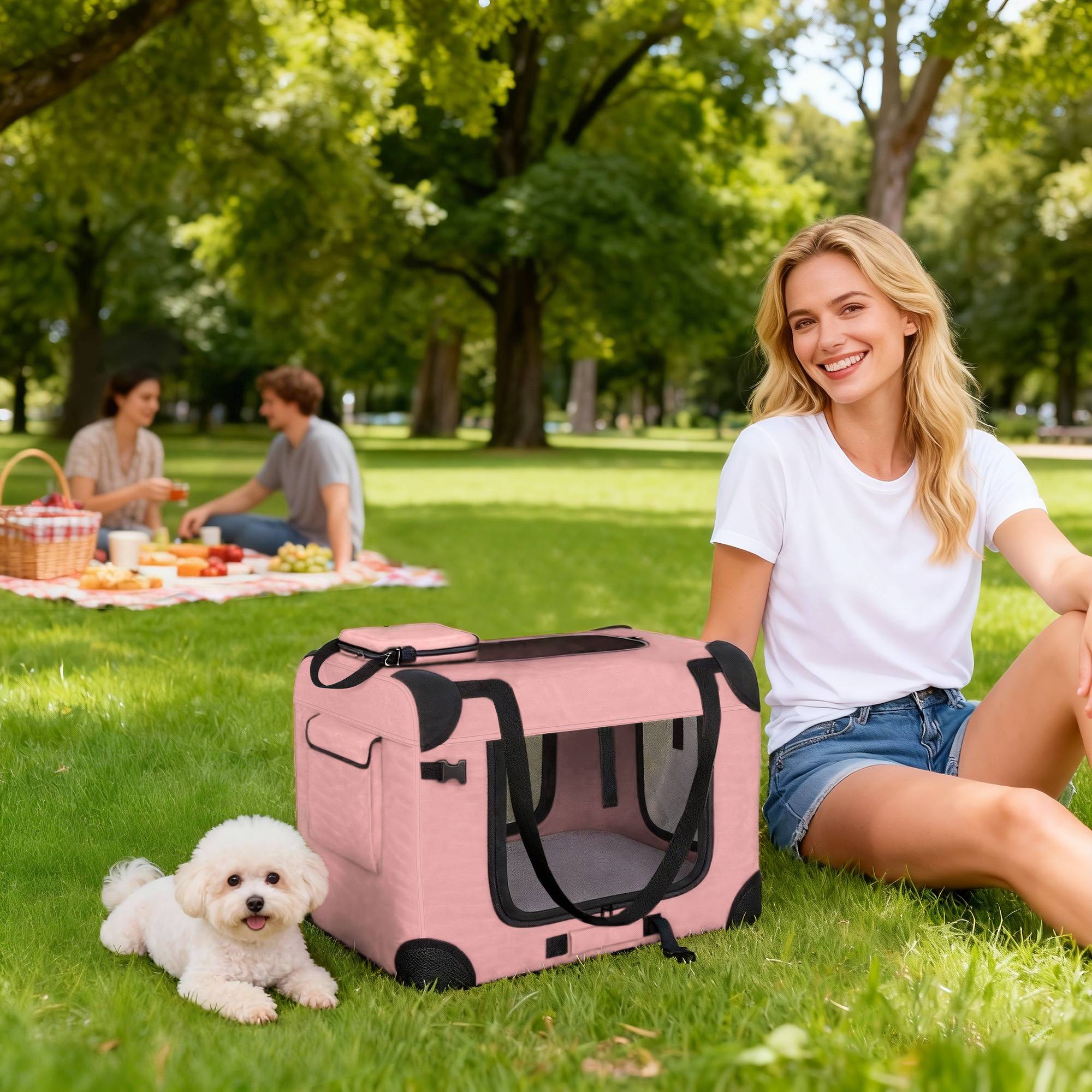 Sac de transport pliable pour chiens et chats (60 x 41,5 x 41 cm) avec fenêtres en filet, coussin moelleux et 2 poignées, rose. - Image 3