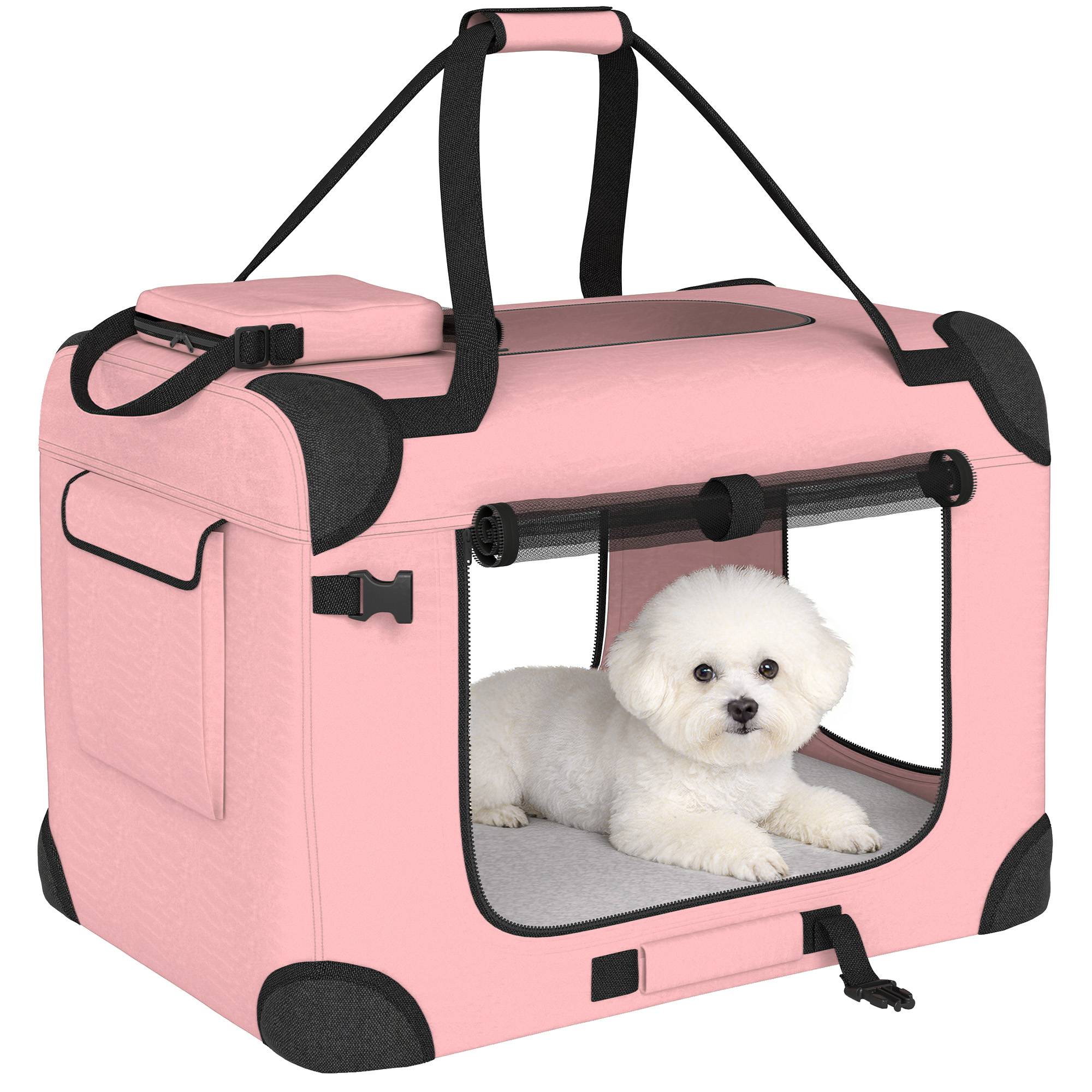 Sac de transport pliable pour chiens et chats (60 x 41,5 x 41 cm) avec fenêtres en filet, coussin moelleux et 2 poignées, rose. - Image 1