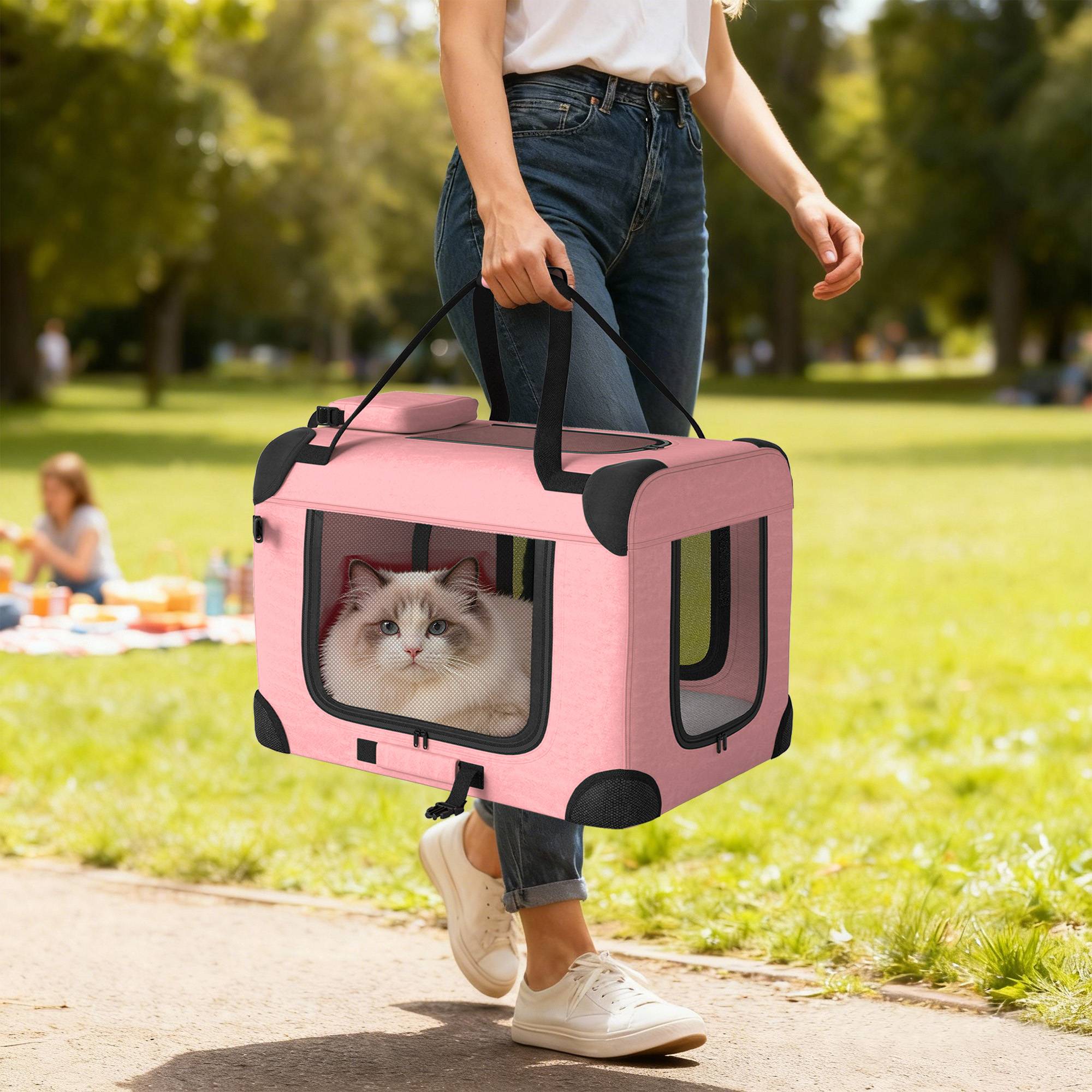 Sac de transport pliable pour chiens et chats (60 x 41,5 x 41 cm) avec fenêtres en filet, coussin moelleux et 2 poignées, rose. - Image 4