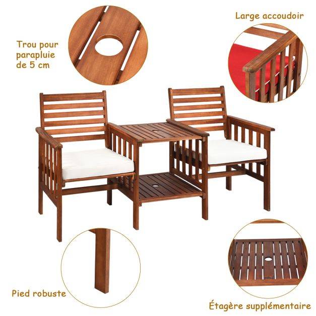 Helloshop26 - Salon de jardin en bois d’acacia 2 personnes charge 160kg ensemble de meubles avec table basse 2 chaises et coussin trou de parasol de 5cm - Imagen 3