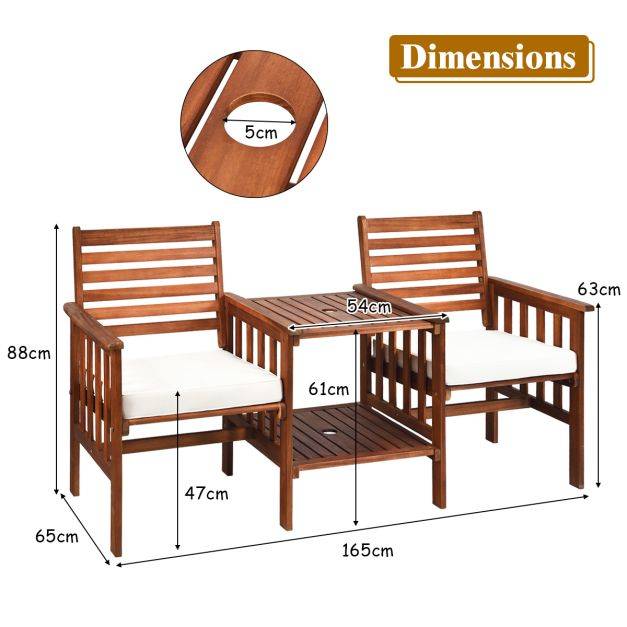 Helloshop26 - Salon de jardin en bois d’acacia 2 personnes charge 160kg ensemble de meubles avec table basse 2 chaises et coussin trou de parasol de 5cm - Imagen 4