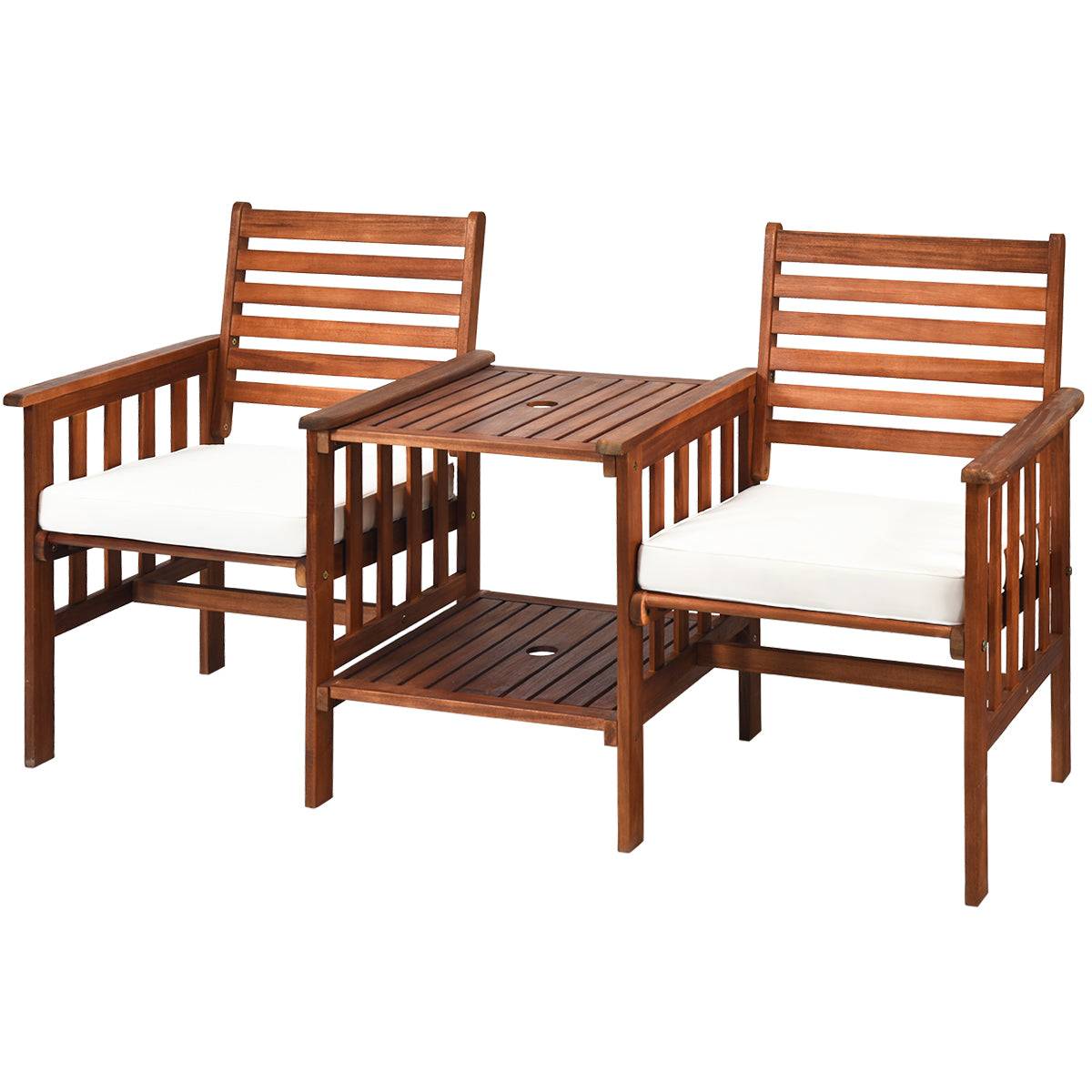Helloshop26 - Salon de jardin en bois d’acacia 2 personnes charge 160kg ensemble de meubles avec table basse 2 chaises et coussin trou de parasol de 5cm - Imagen 1