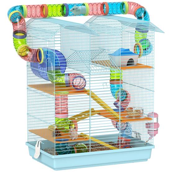 Cage hamster métal 5 niveaux espace de jeu avec tubes 47x30x59cm Bleu - ComfortXL Outdoor Living - Image 1
