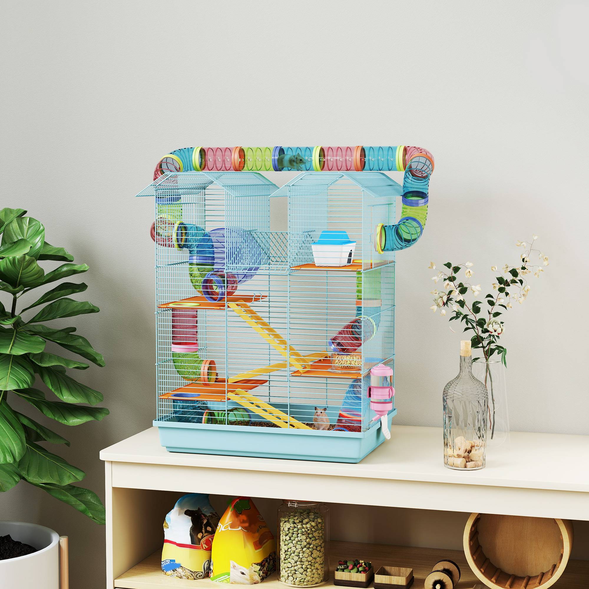 Cage hamster métal 5 niveaux espace de jeu avec tubes 47x30x59cm Bleu - ComfortXL Outdoor Living - Image 3