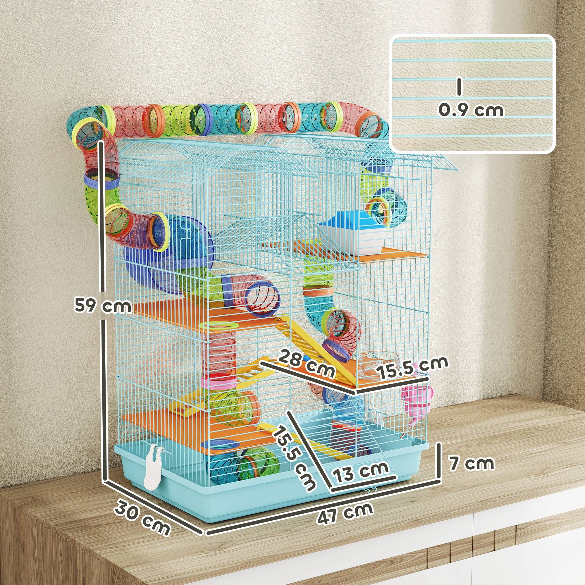 Cage hamster métal 5 niveaux espace de jeu avec tubes 47x30x59cm Bleu - ComfortXL Outdoor Living - Image 5