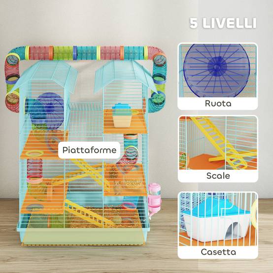 Cage hamster métal 5 niveaux espace de jeu avec tubes 47x30x59cm Bleu - ComfortXL Outdoor Living - Image 6