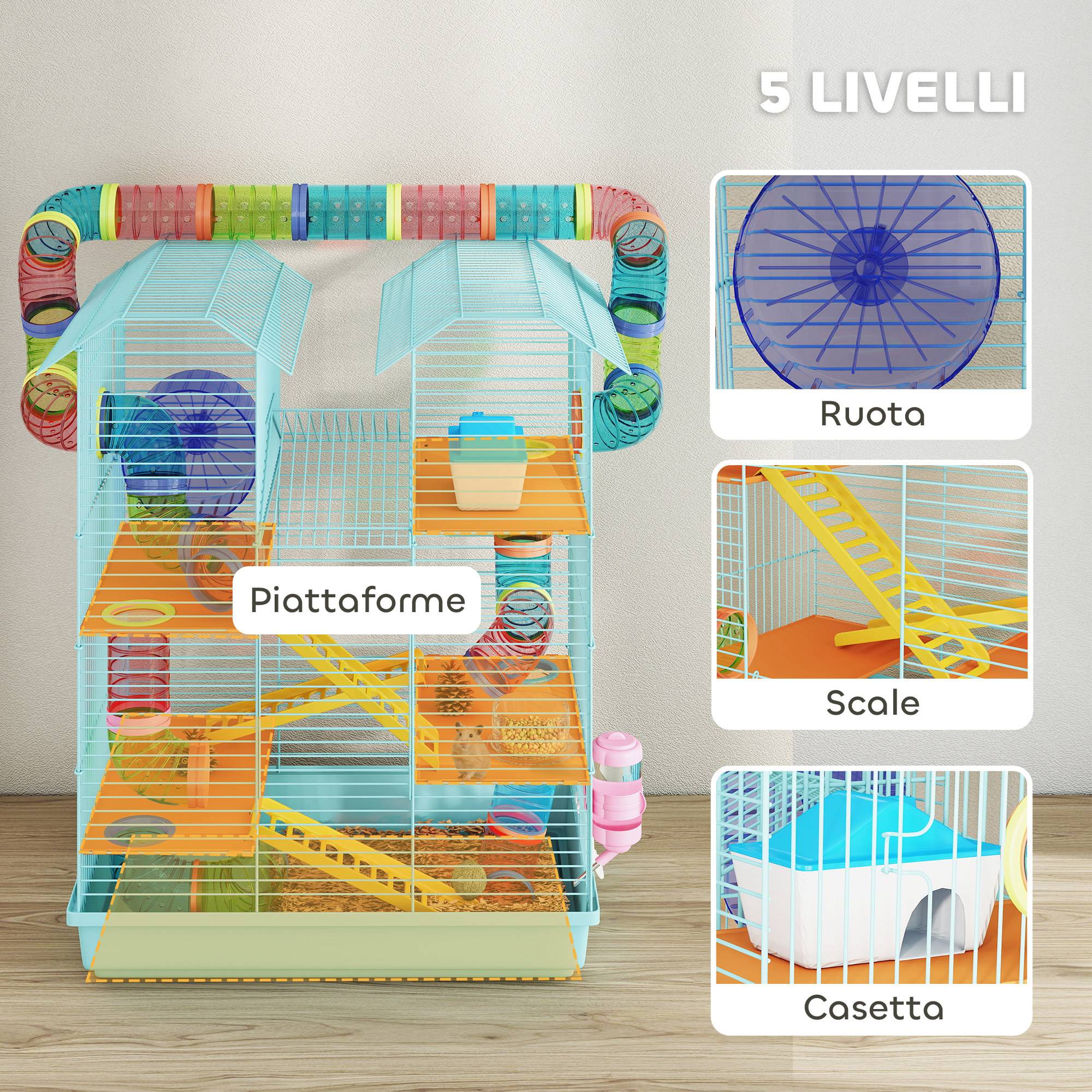 Cage hamster métal 5 niveaux espace de jeu avec tubes 47x30x59cm Bleu - ComfortXL Outdoor Living - Image 6
