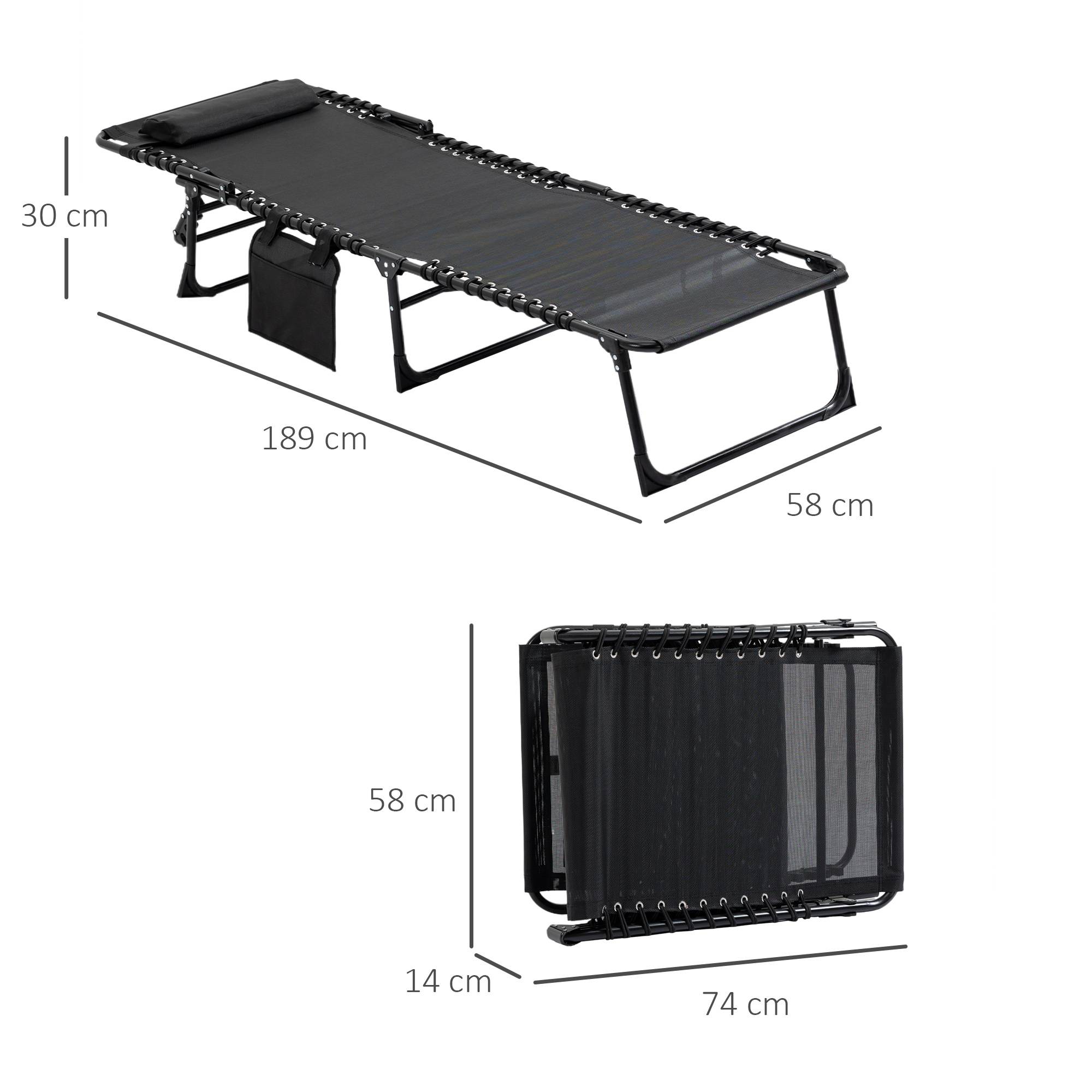 Chaise longue pliante avec coussin cervical, structure en acier, revêtement en tissu mesh, charge maximale 120 kg, noire - Image 5