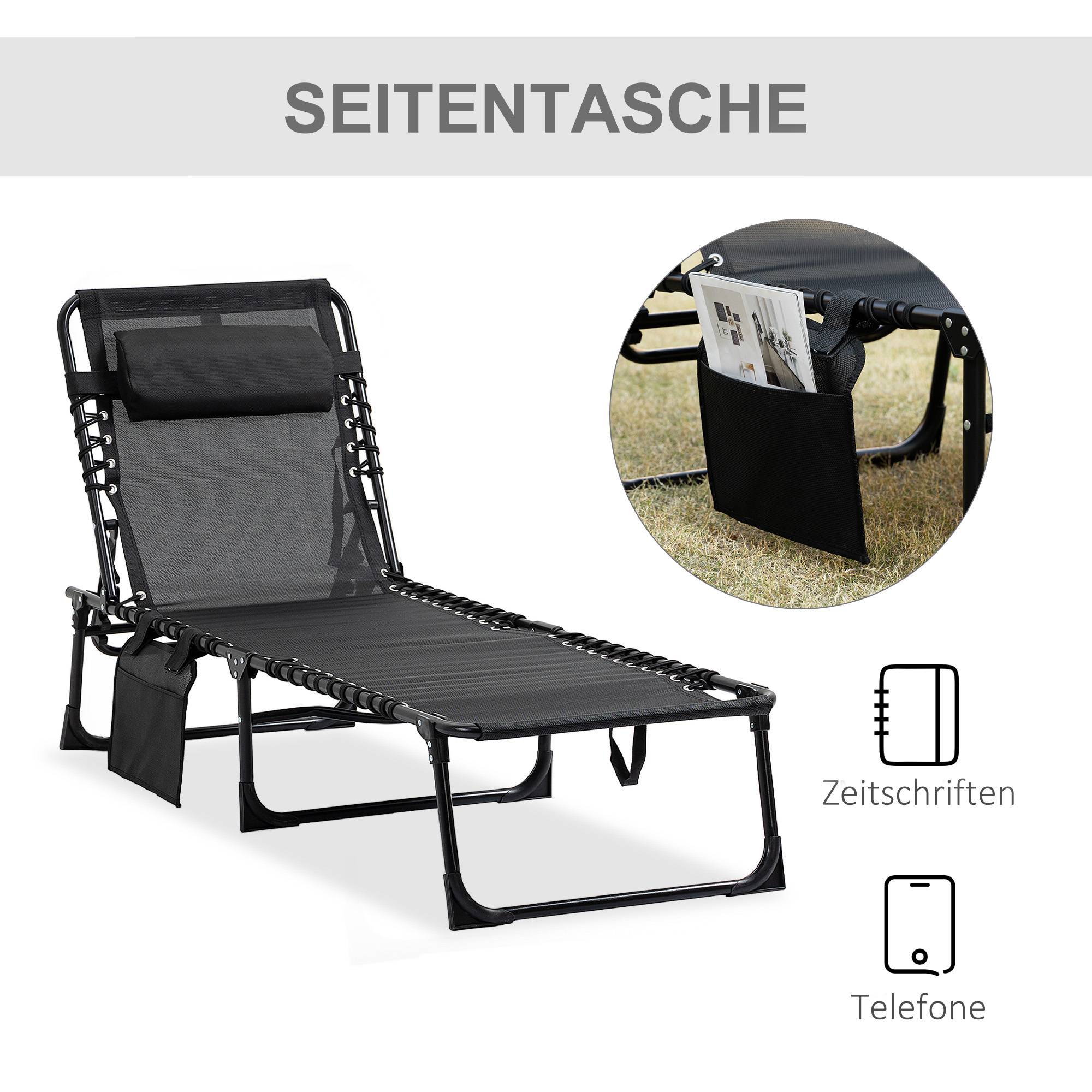 Chaise longue pliante avec coussin cervical, structure en acier, revêtement en tissu mesh, charge maximale 120 kg, noire - Image 9