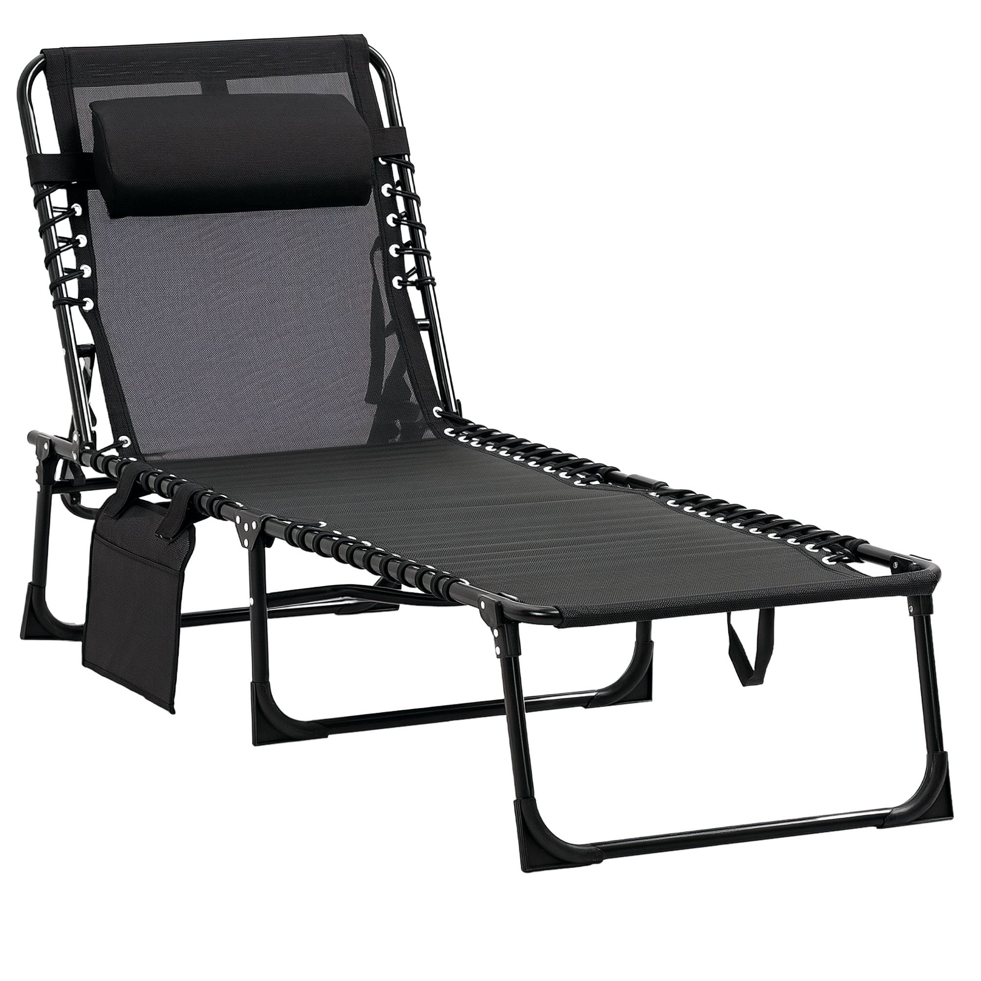 Chaise longue pliante avec coussin cervical, structure en acier, revêtement en tissu mesh, charge maximale 120 kg, noire - Image 1