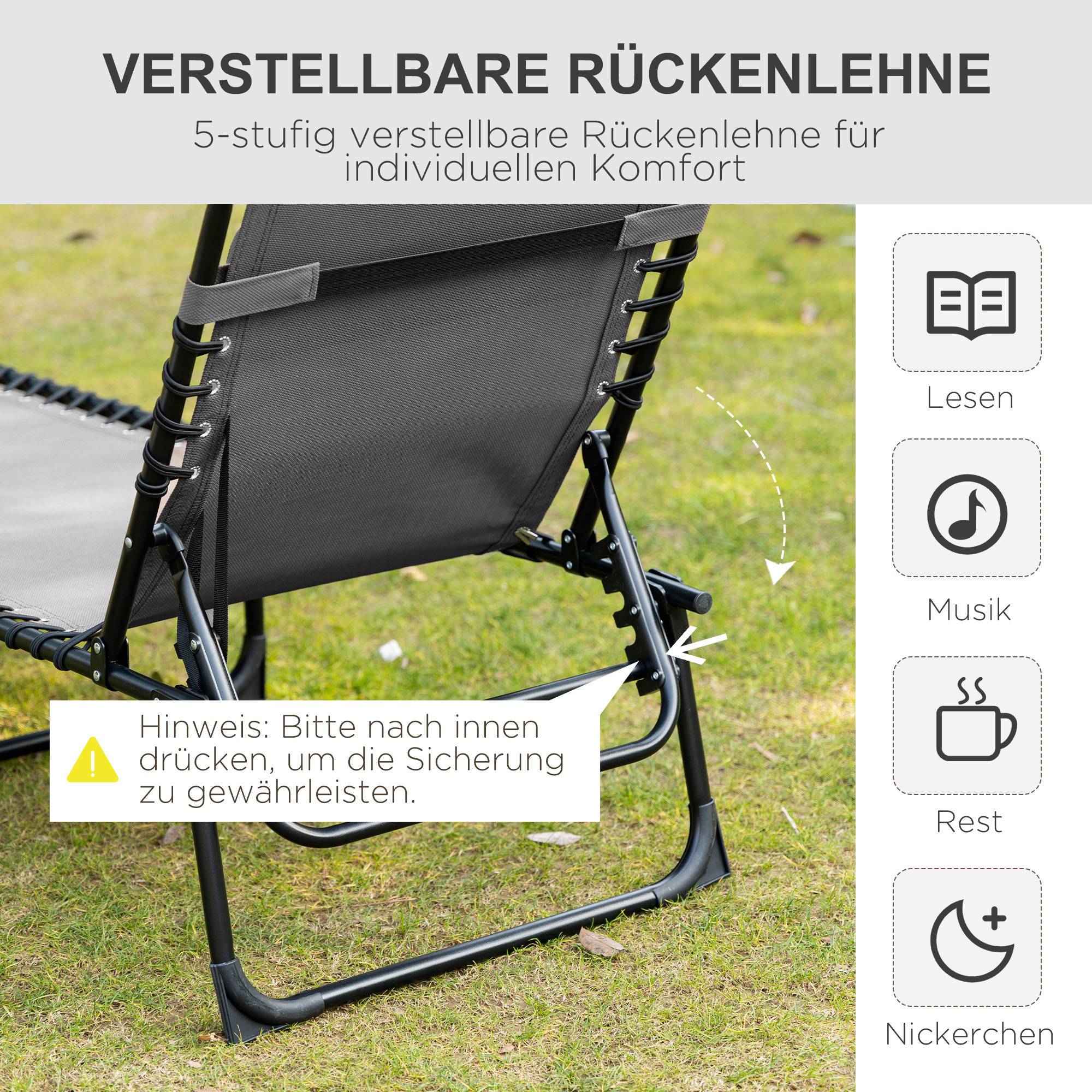 Chaise longue pliante avec coussin cervical, structure en acier, revêtement en tissu mesh, charge maximale 120 kg, noire - Image 6